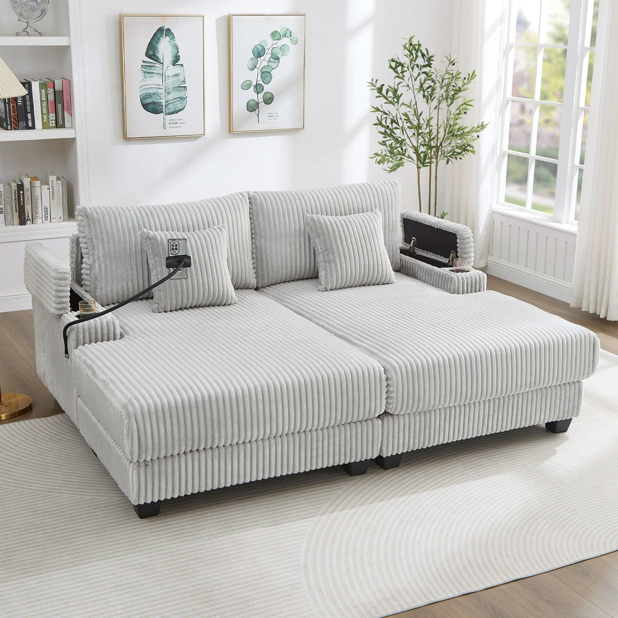 Modern Chaise Sofa With Adjustable Backrest, Cup Holders, Phone Holder & Storage Compartments