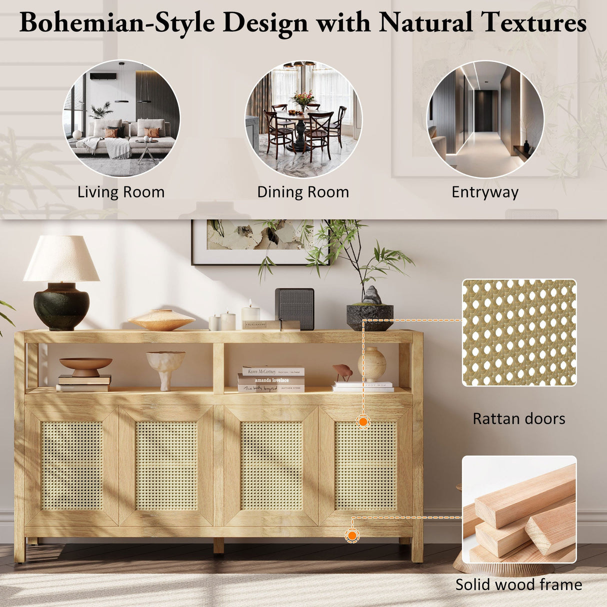 Bohemian Style Rattan Buffet Storage Cabinet with Solid Wood Frame