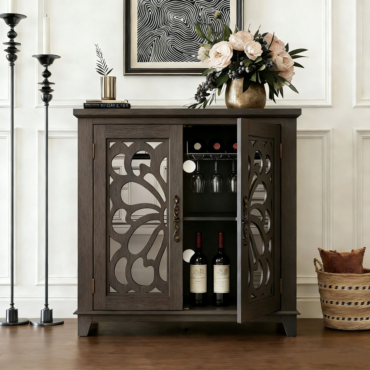 Elegant Sideboard With 2 Acrylic Mirrored Doors, Adjustable Shelf Storage