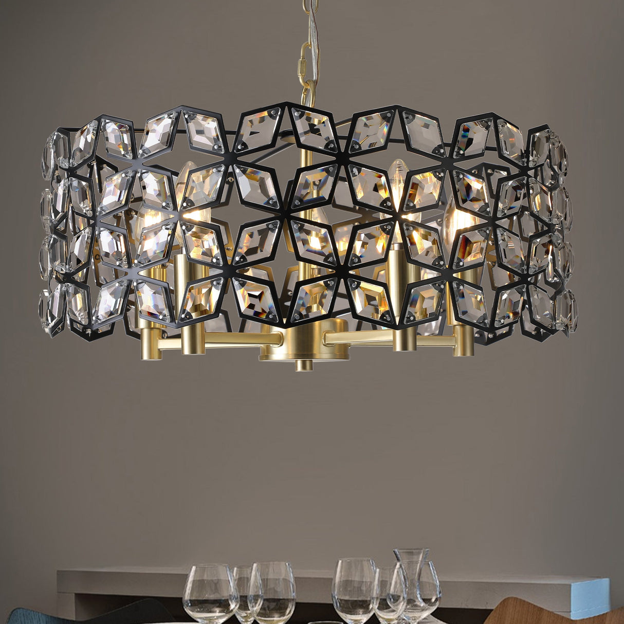 19' Geometric Crystal and BlackGold Round Pendant Chandelier