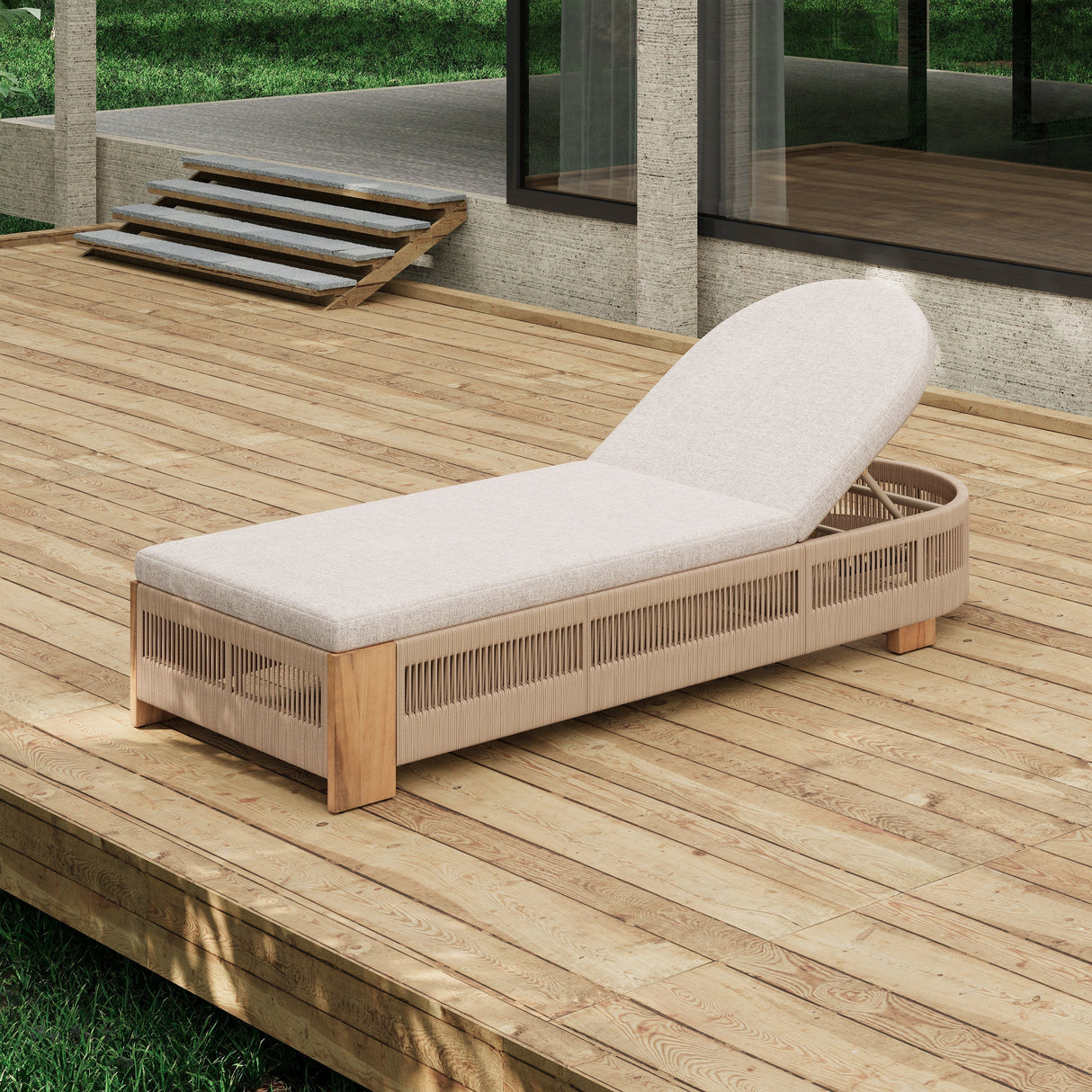 Outdoor Chaise Lounge Chair, Acacia Wood with Adjustable Backrest and Cushion