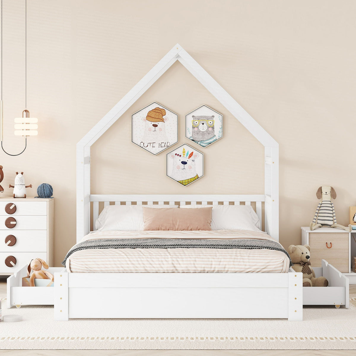 Queen Storage Platform Bed with Guardrail and 2 Drawers - White or Light Brown