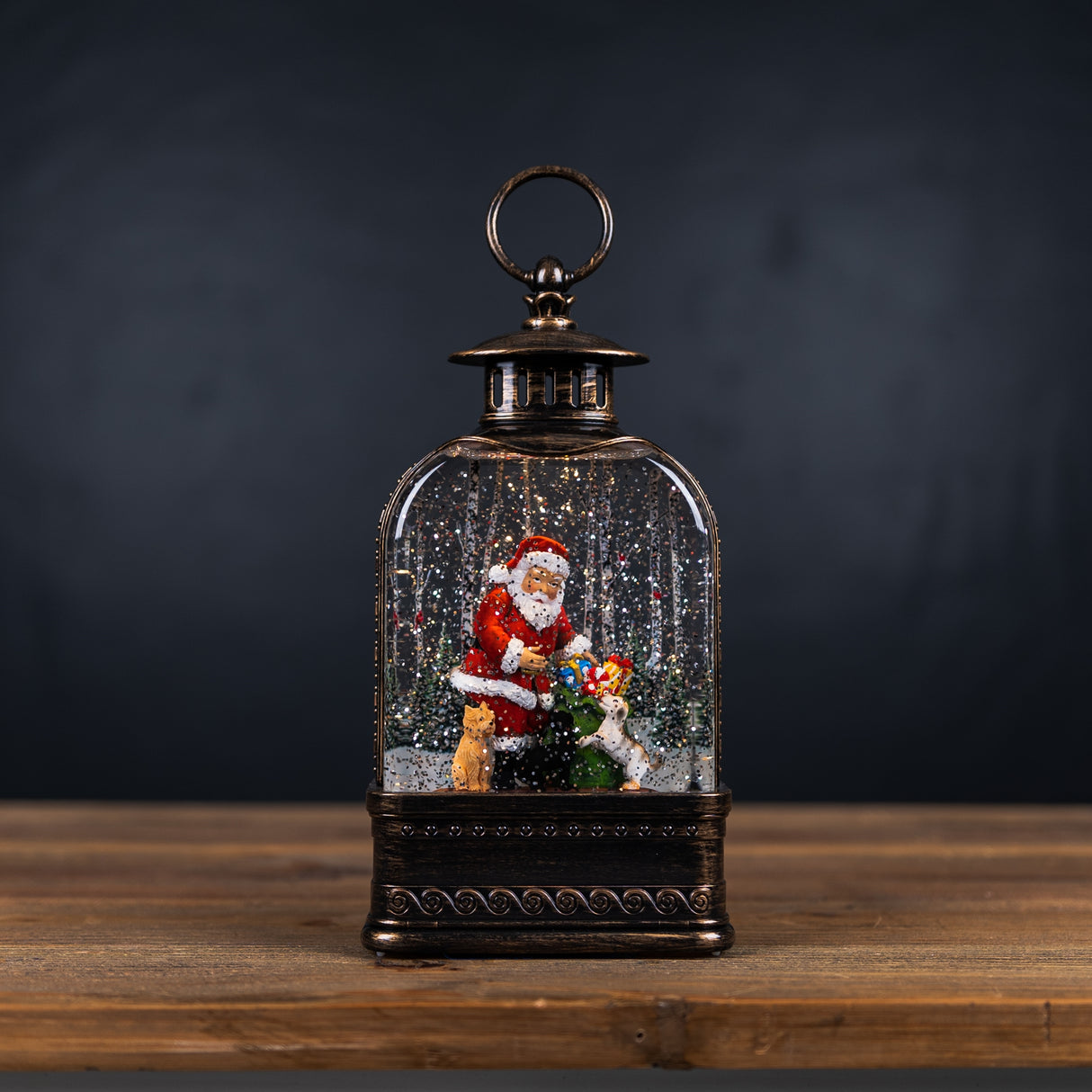 LED Snow Globe Lantern with Santa and Dog 11.25"H