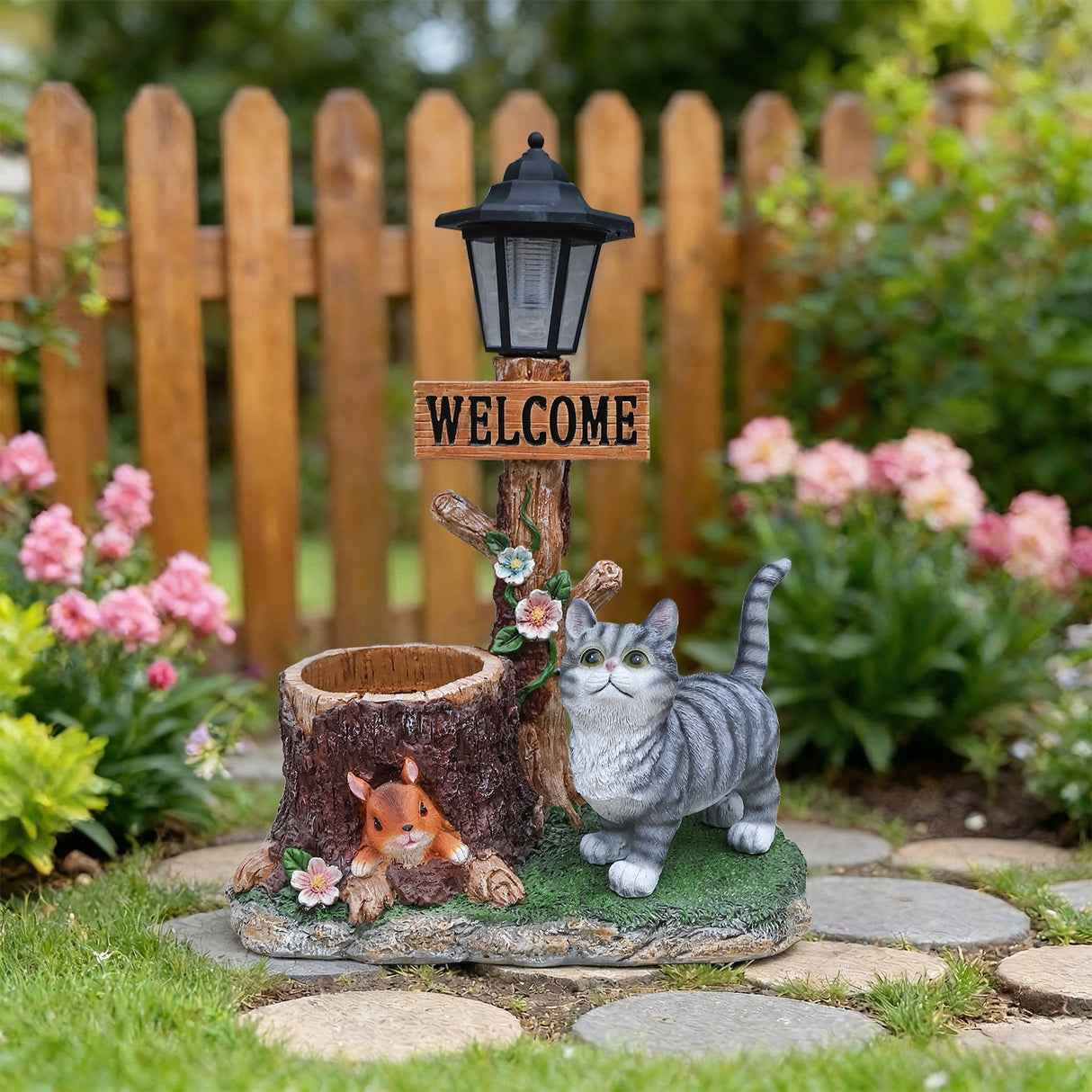 Cat Solar Planter Statue for Outdoor Decor
