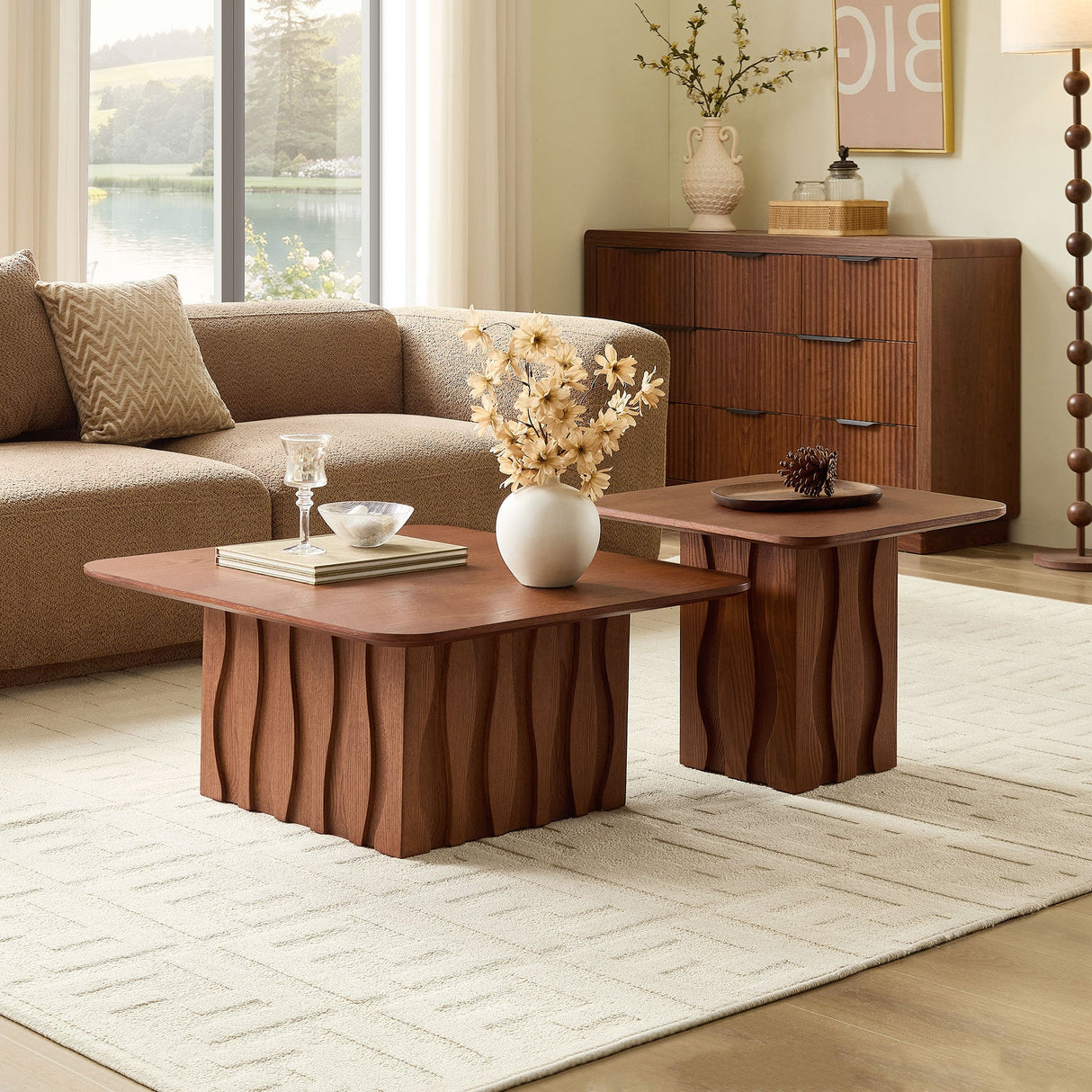 2PCS Nesting Square Coffee Table Mid-Century Wavy Fluted Base