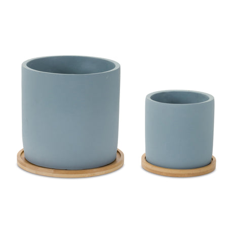 Blue-stone-planter-with-wood-plate-(set-of-2)-Pots-&-Planters