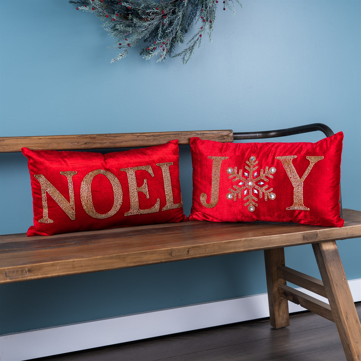 Beaded Joy and Noel Holiday Pillow (Set of 2)