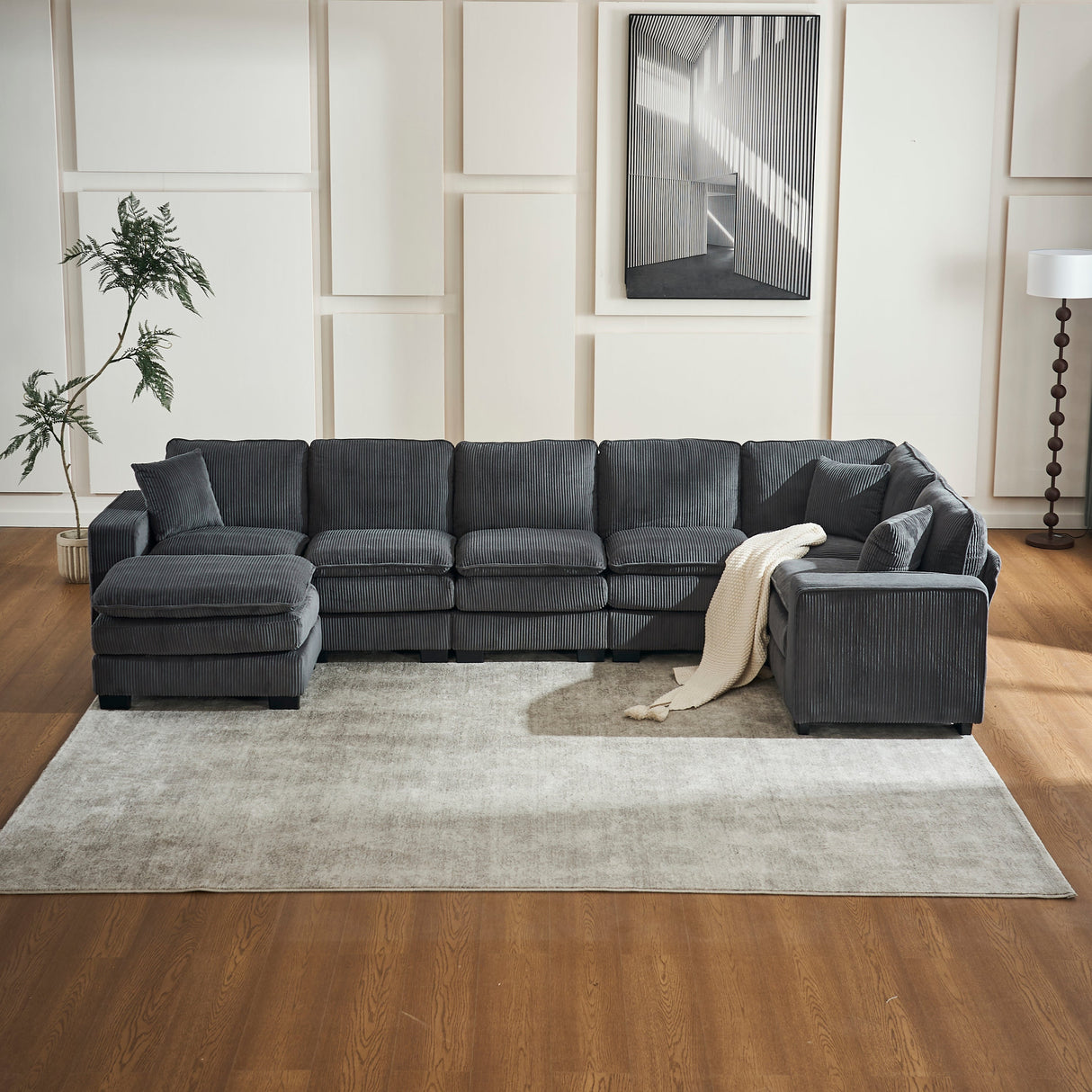 Modern U Shaped 6-Seat Sectional Sofa Couch with Ottoman