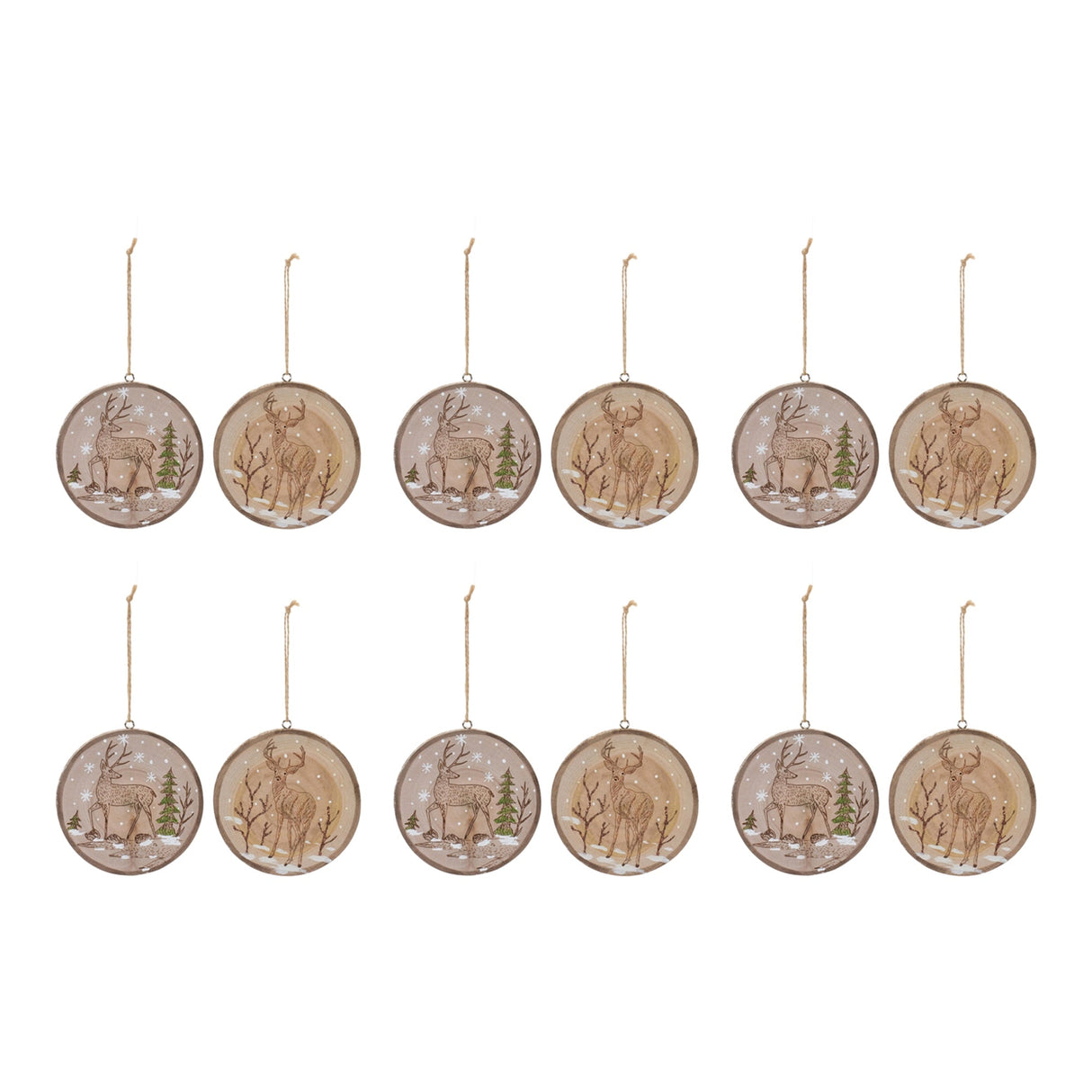 Wood Deer Tree Disc Ornament (Set of 12)