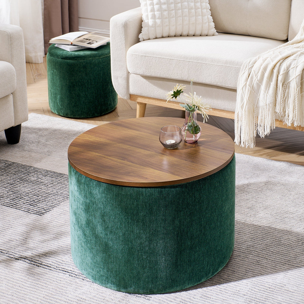 Classic Style 2-Piece Round Chenille Storage Ottoman Set with Drum Shaped Stool