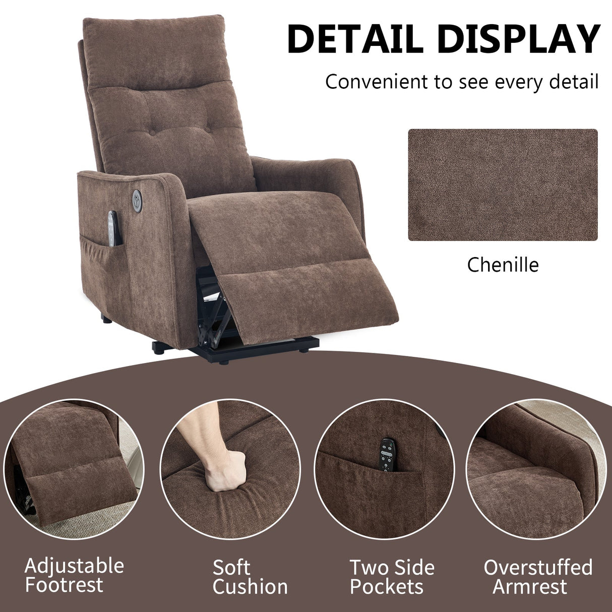 Brown Chenille Single Motor Power Lift Recliner Chair