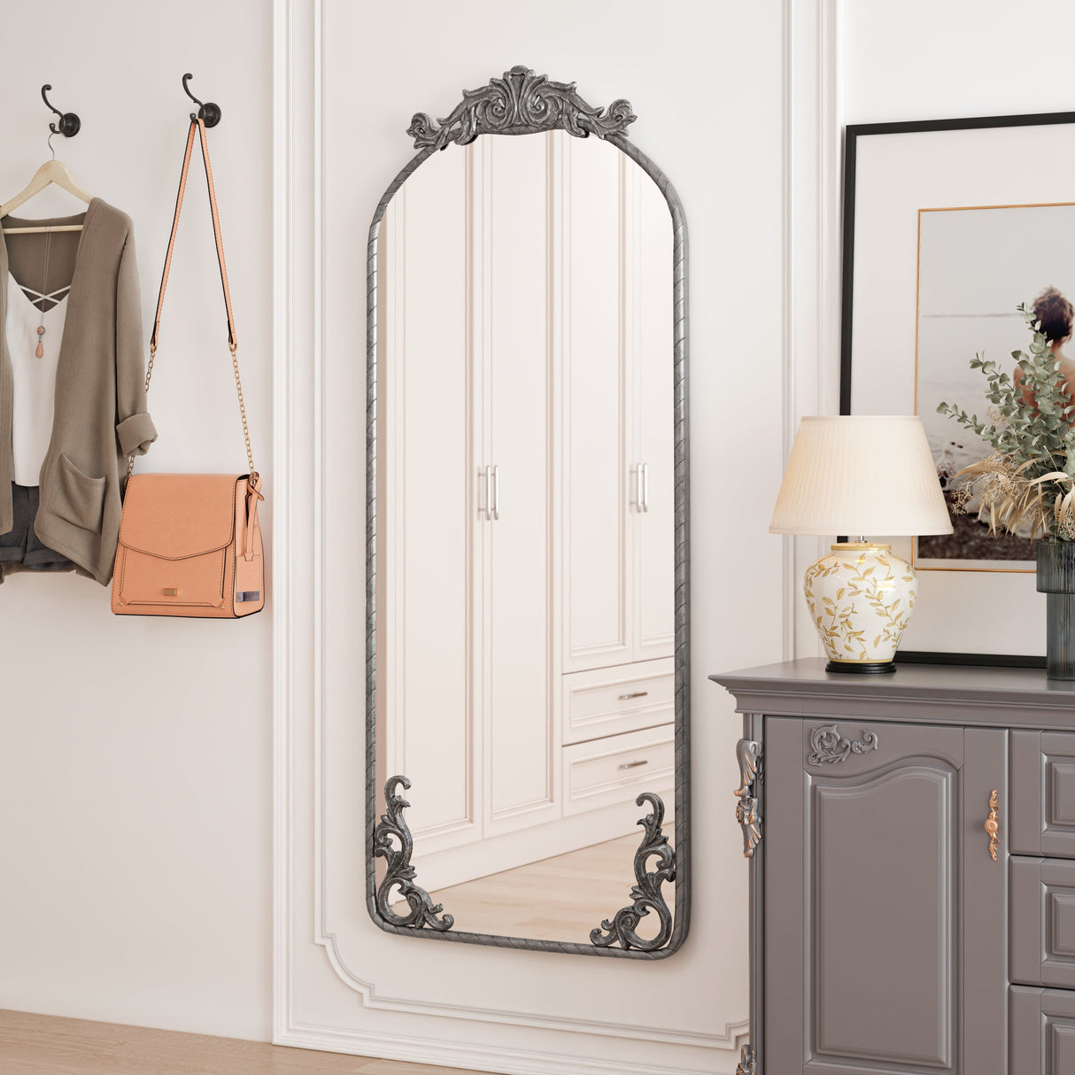 Retro Arched Full Body Mirror with Vintage Carved Applique