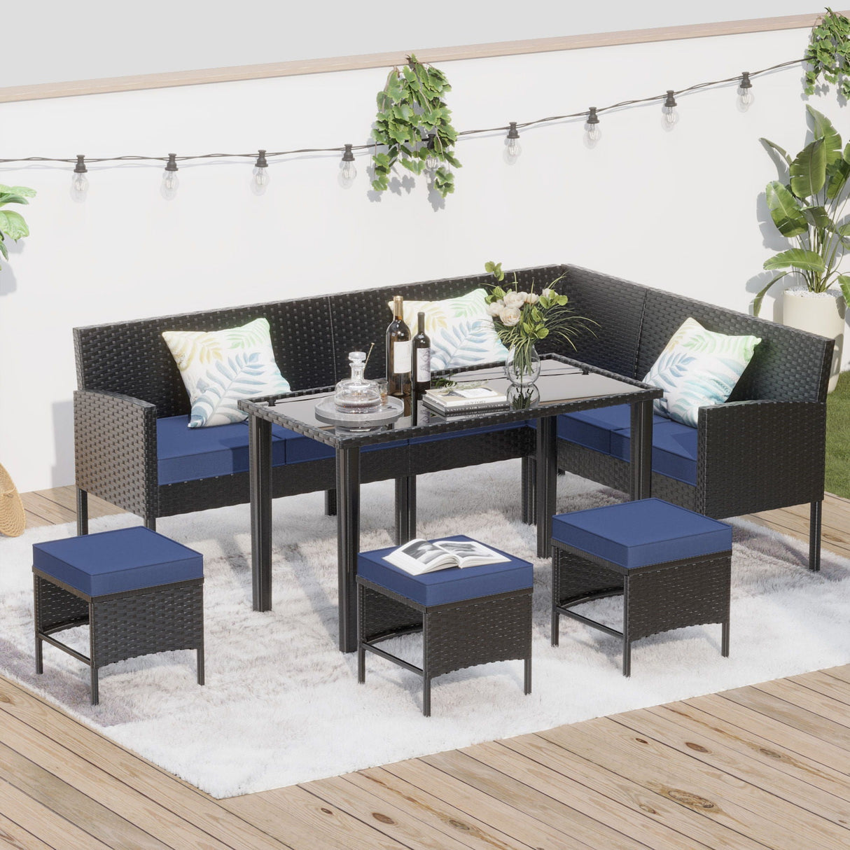 7 Piece Outdoor Furniture Set Waterproof Cushions Glass Table
