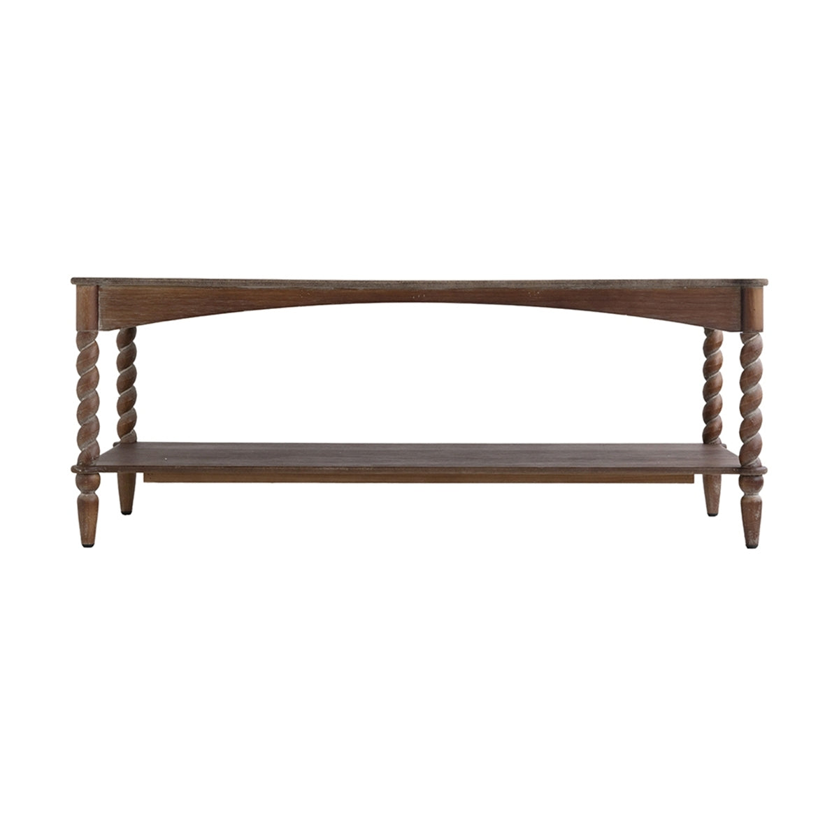 Rustic Brown Wood Coffee Table with Turned Spiral Legs and Lower Shelf