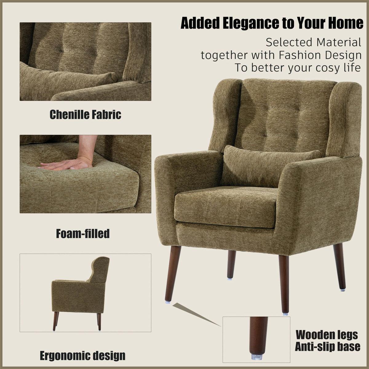 Modern Accent Chair, Arm Chairs For Living Room, Upholstered Mordern Armchair, Comfy Soft Padded Lounge Chair In Small Space, Bedroom, With Pillow, Solid Wood Leg