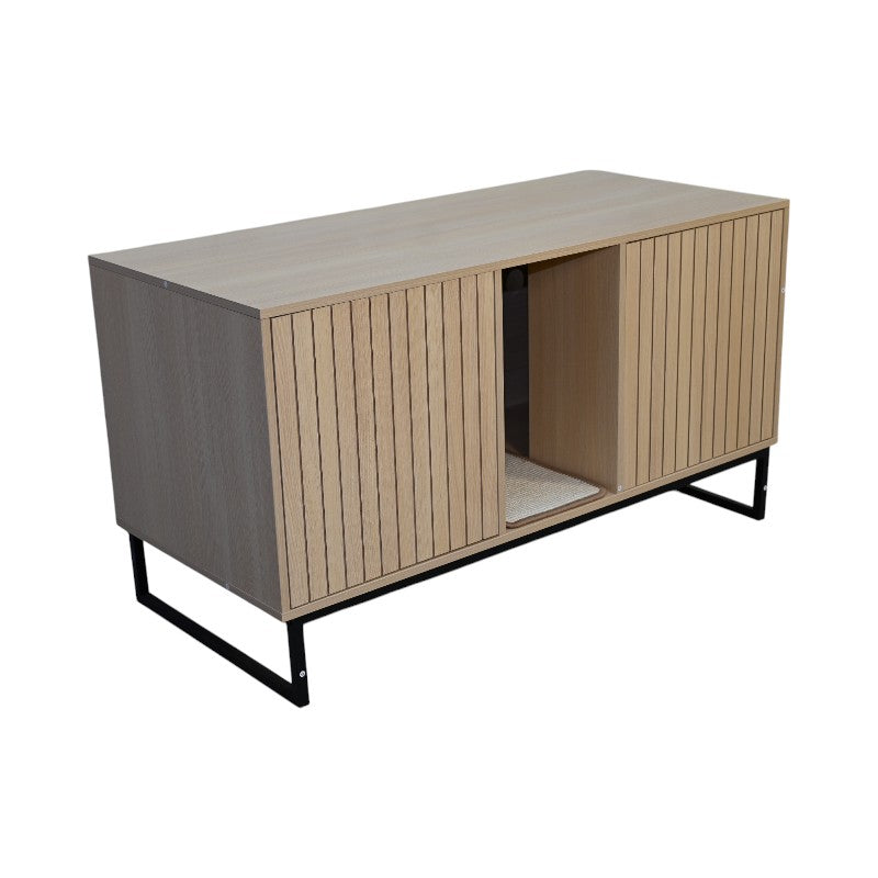 Modern Wooden Cat House with Scratching Mat - Light Wood & Black