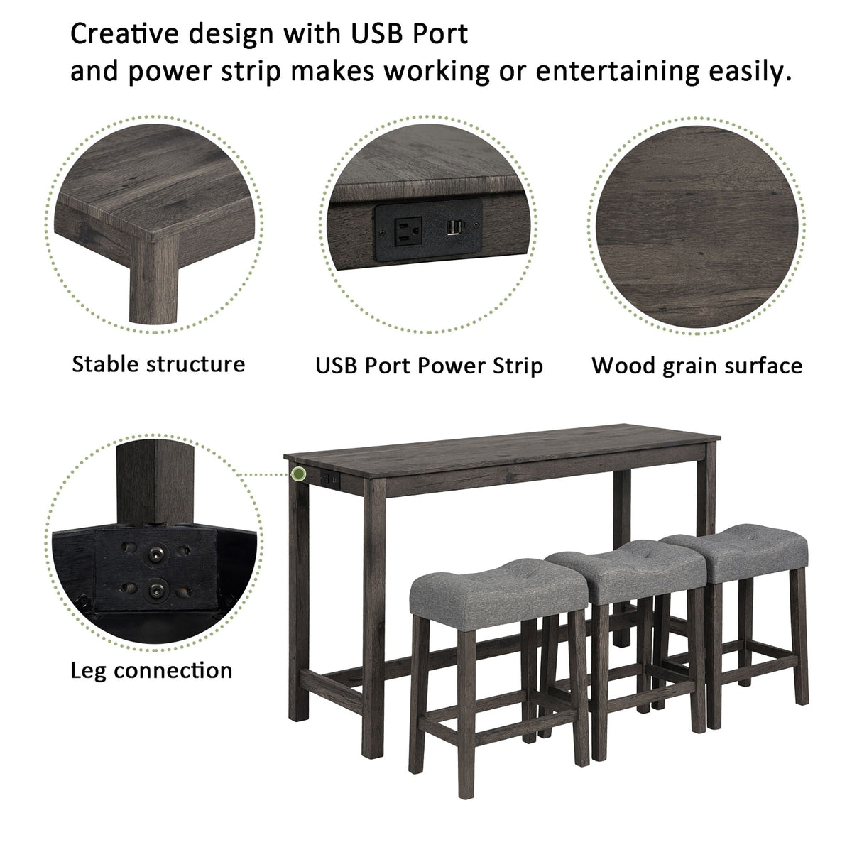 4 Piece Bar Table Set With Power Outlet, 3 Padded Stools