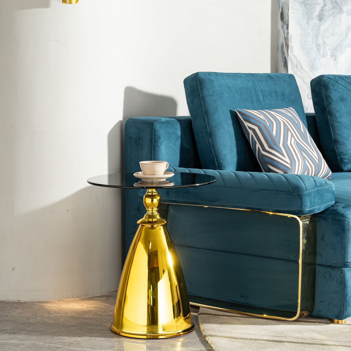 Modern Living Room Coffee Table with Grey Tempered Glass and Gold Carbon Steel