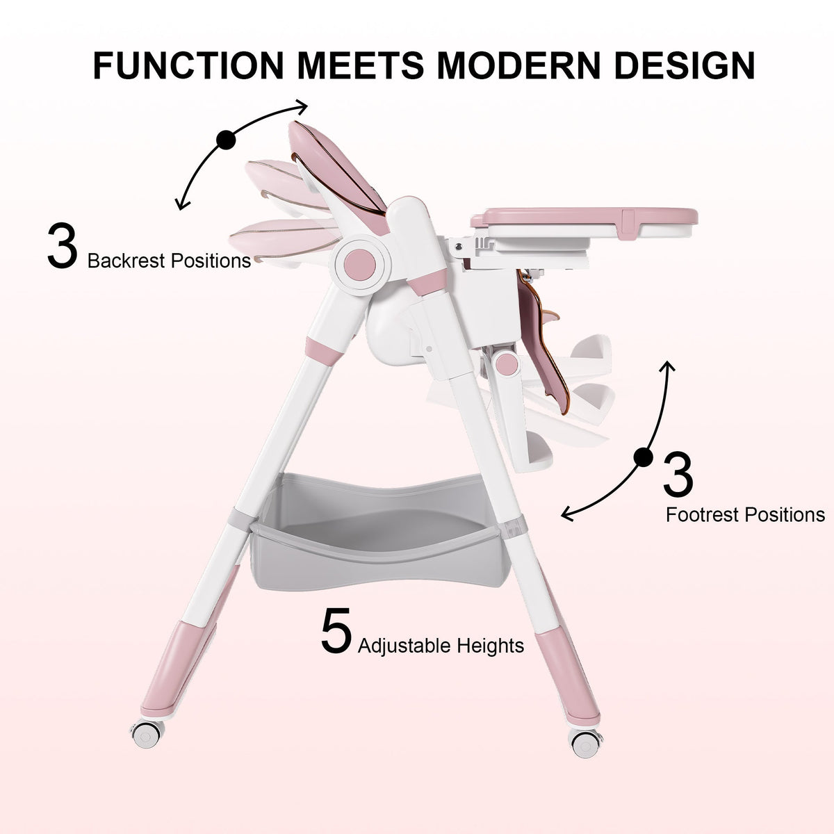 Adjustable Baby High Chair with Safety Belt and Lockable Wheels – Pink