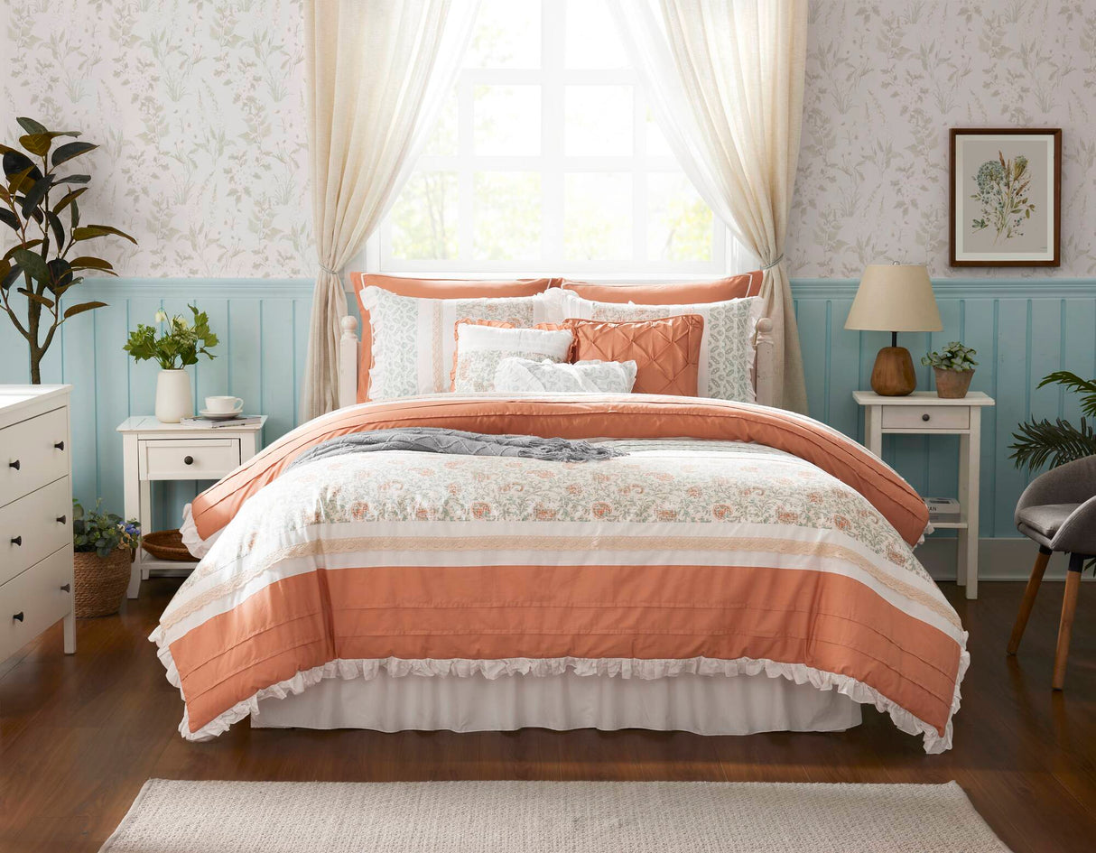 9 Piece Cotton Percale Comforter Set Coral Queen