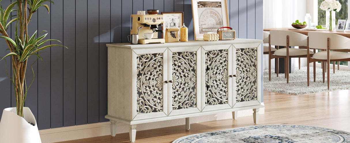 60" Antique Buffet Cabinet with Floral Carvings and Solid Wood Legs