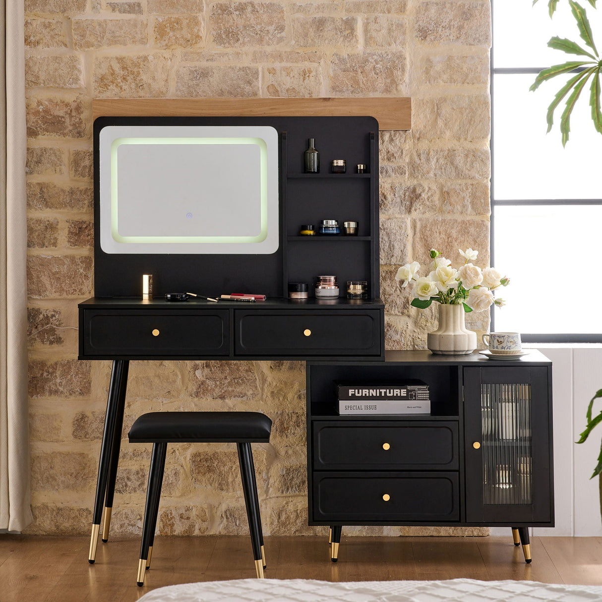 Modern Makeup Vanity Desk With Mirror And Lights Retractable Design Engineered Wood - Black