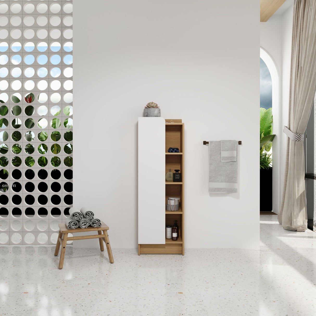 Tall Freestanding Bathroom Side Cabinet With Single Door & 4 Tier Open Shelves - Black / Light Oak / White