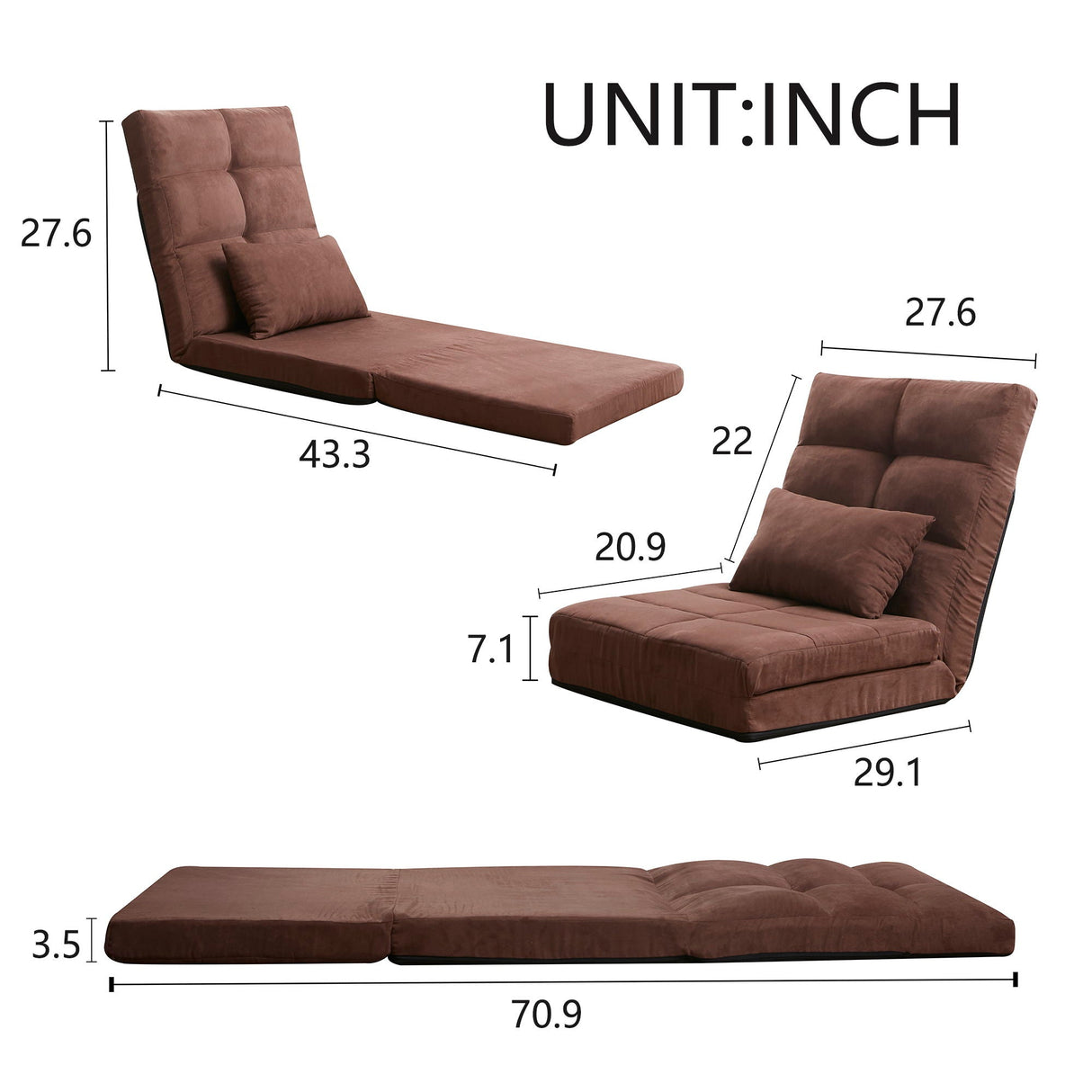 Modern Triple Fold Down Metal Frame Sofa Bed With 5 Reclining Positions And Pillow - Adjustable Upholstered Floor Couch For Gaming Or Guest Room - Brown