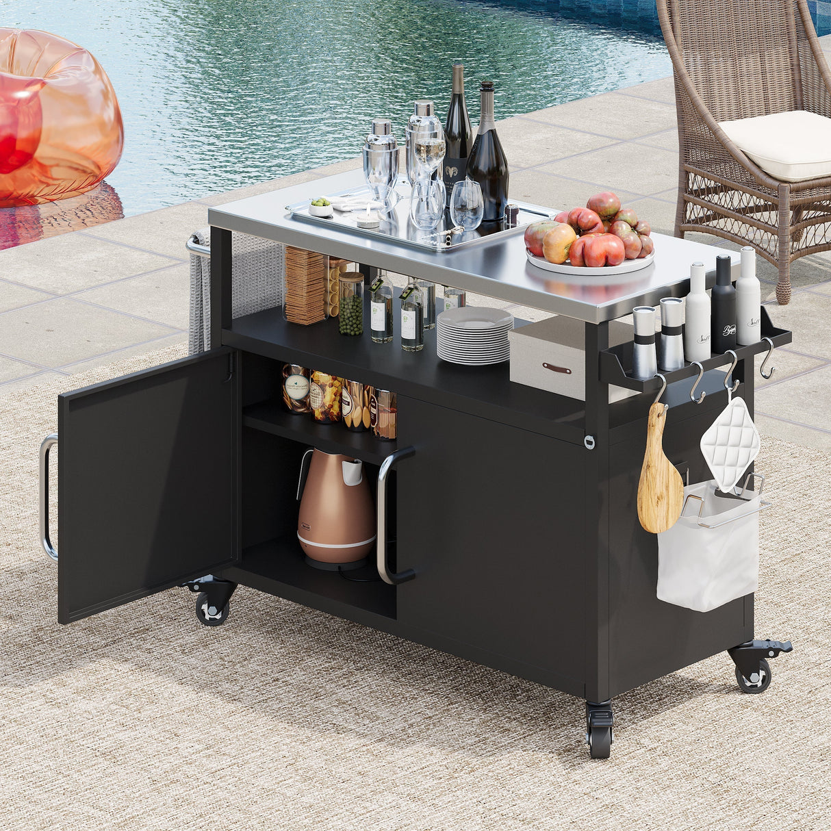 K&K 54.5' Outdoor Kitchen Island with Stainless Steel Tabletop and Storage