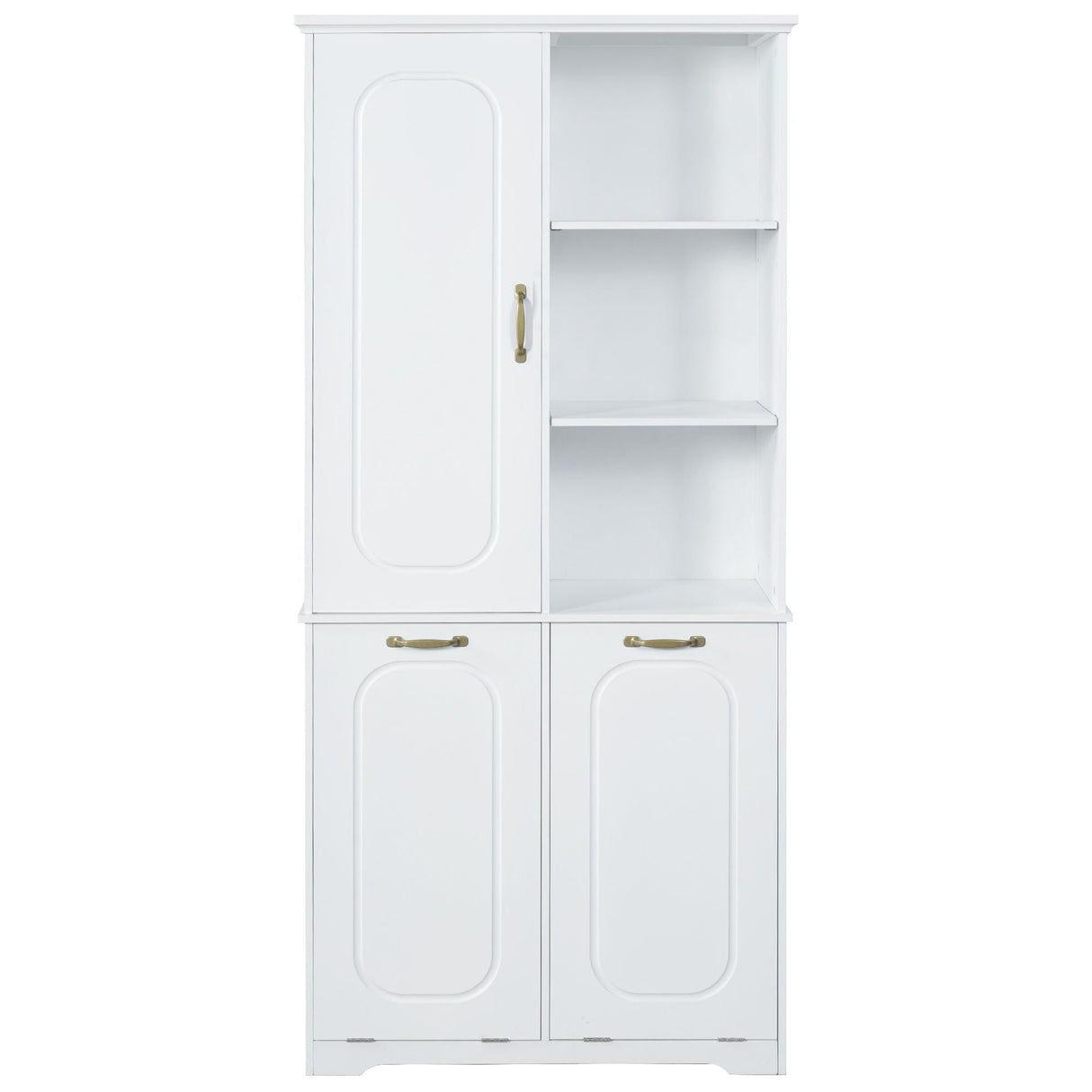 Freestanding Tall Storage Cabinet With 2 Tilt Out Hampers, Adjustable Shelves, Soft Close Door, Door Mounted Organizer - White