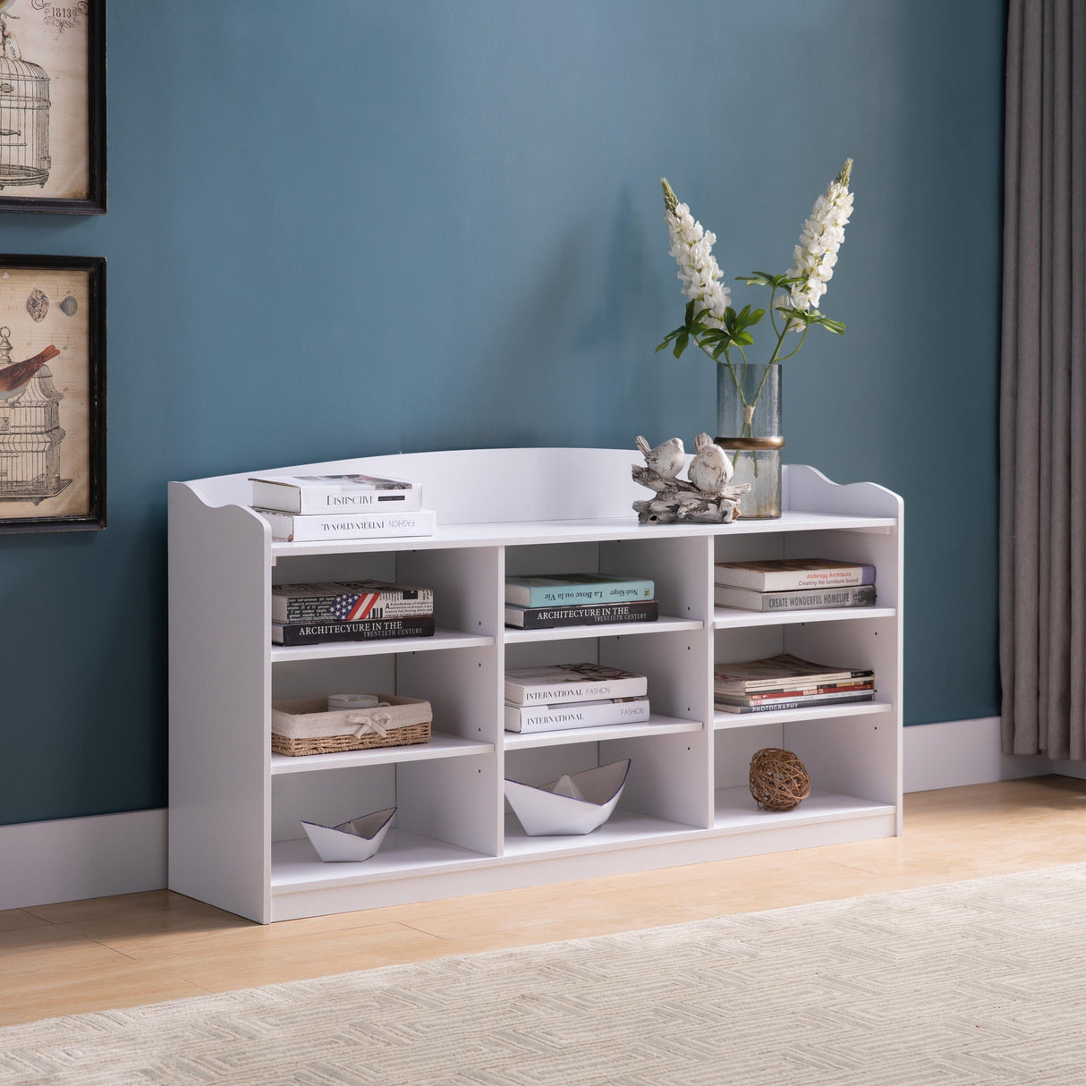 White Shoe Storage Bench with Nine Shelves Entryway Organizer