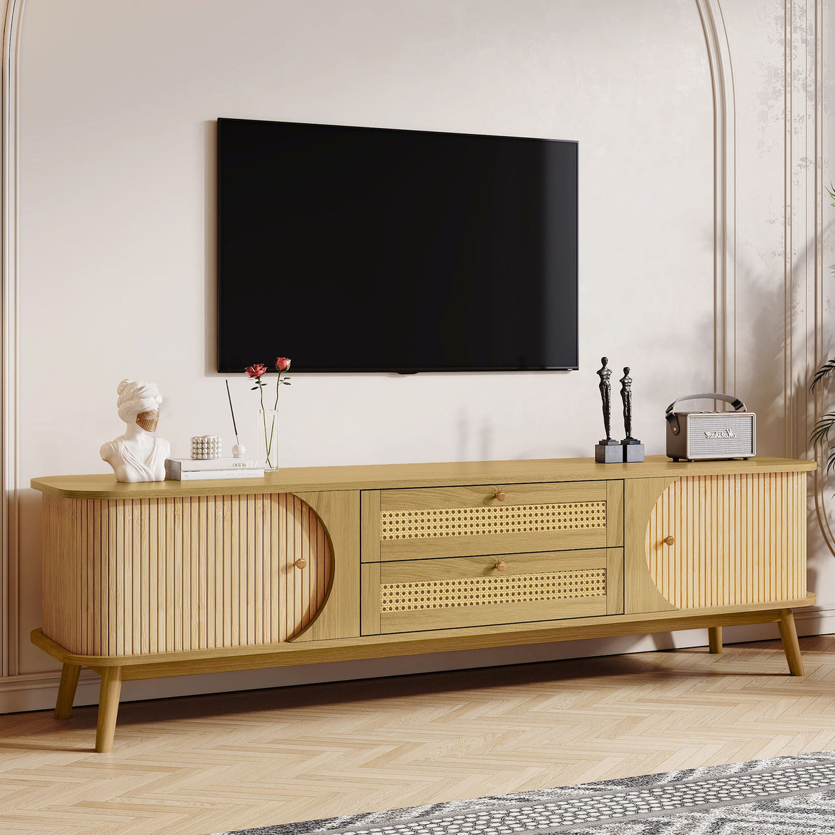 Rattan TV Stand For Tvs Up To 75'', Modern Farmhouse Media Console, Entertainment Center With Legs, TV Cabinet For Living Room, Home Theatre - Natural Wood