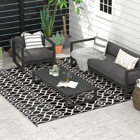 Reversible-outdoor-rug,-8'-x-10'-waterproof-plastic-straw-floor-mat,-black-&-white-clover-Outdoor-Rugs