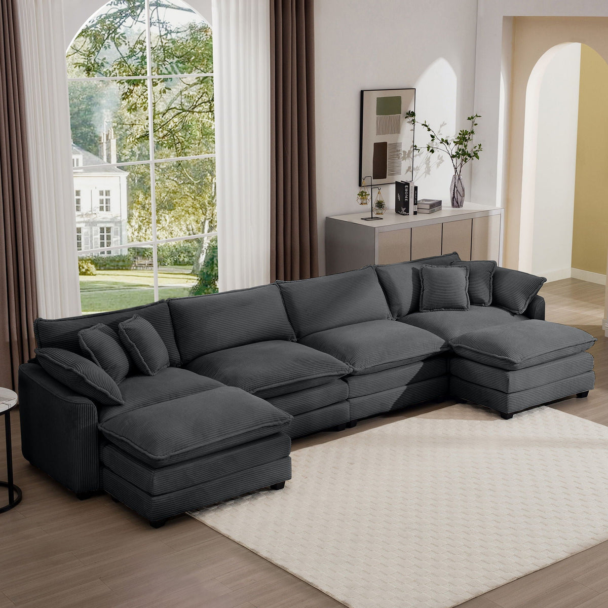 Modern Modular Cushion Sofa Set with Ottoman - Fabric, Multiple Colors