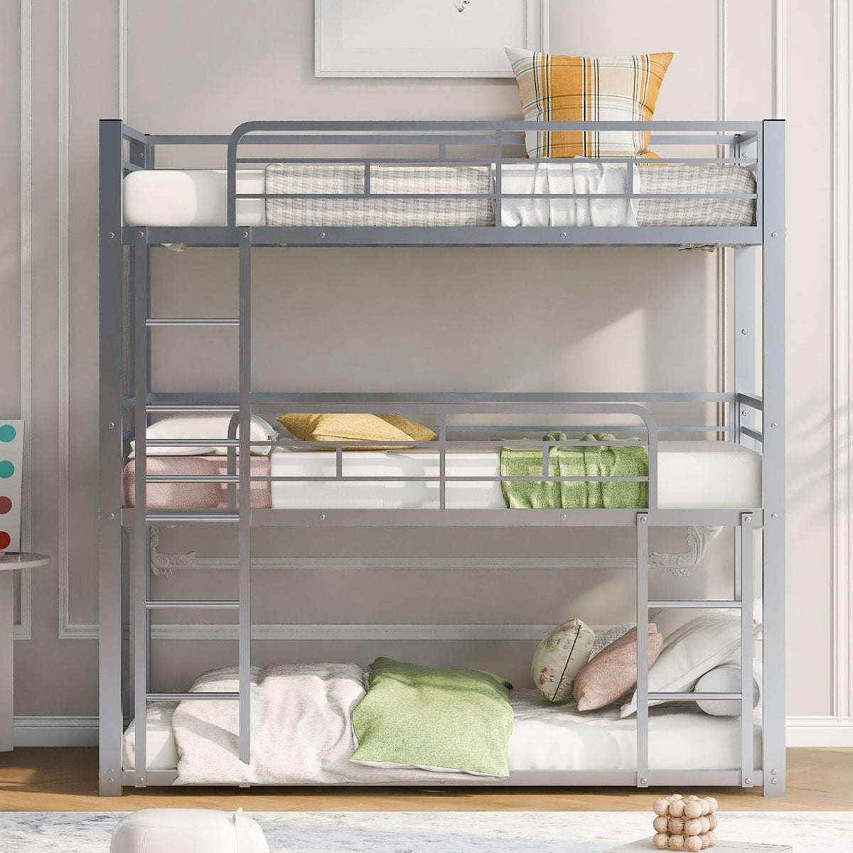 Triple Bunk Bed with Sturdy Metal Frame and Space-Saving Design - Black or Pearl Silver