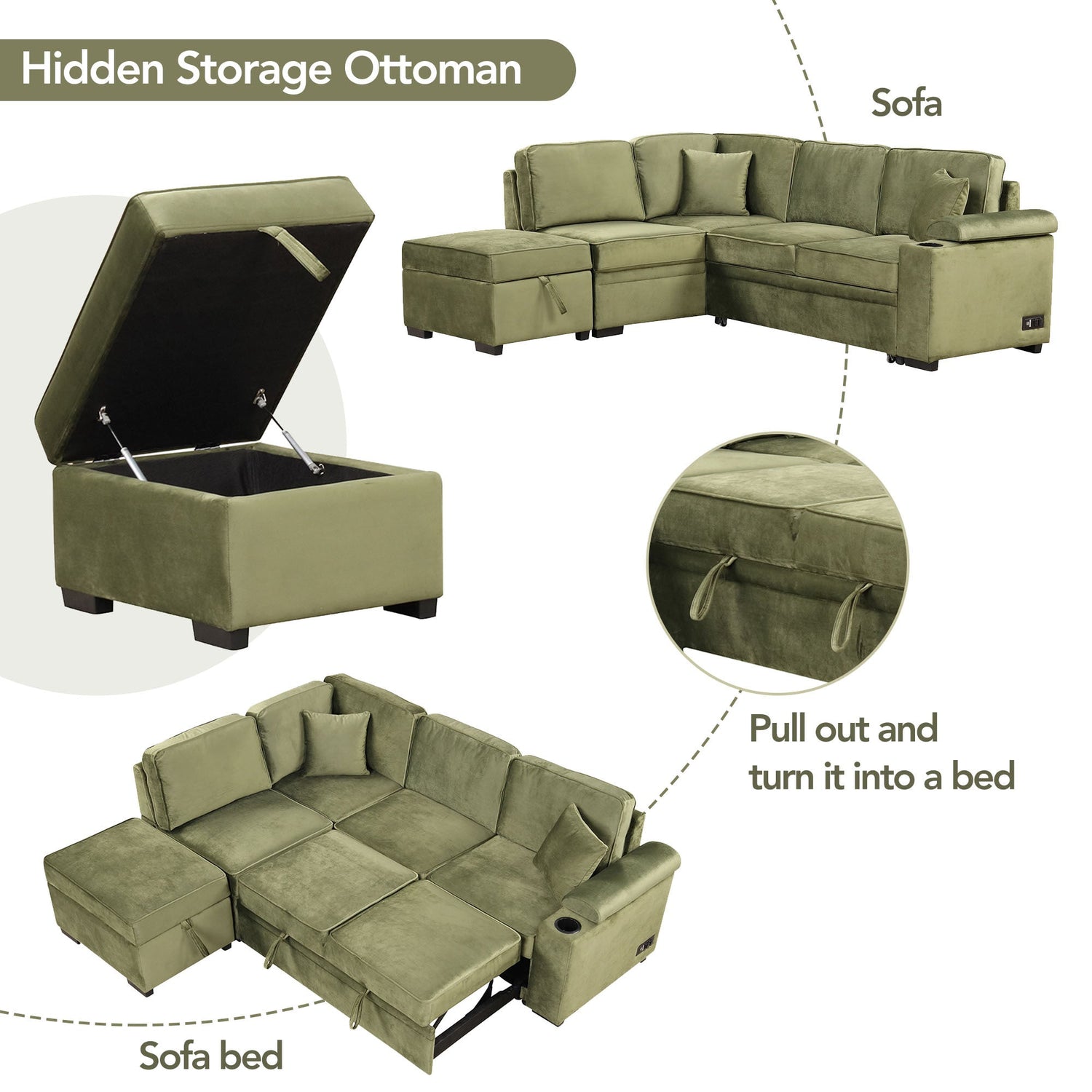 Virginia Green Velvet Convertible Sleeper Sofa with Hidden Storage Ottoman