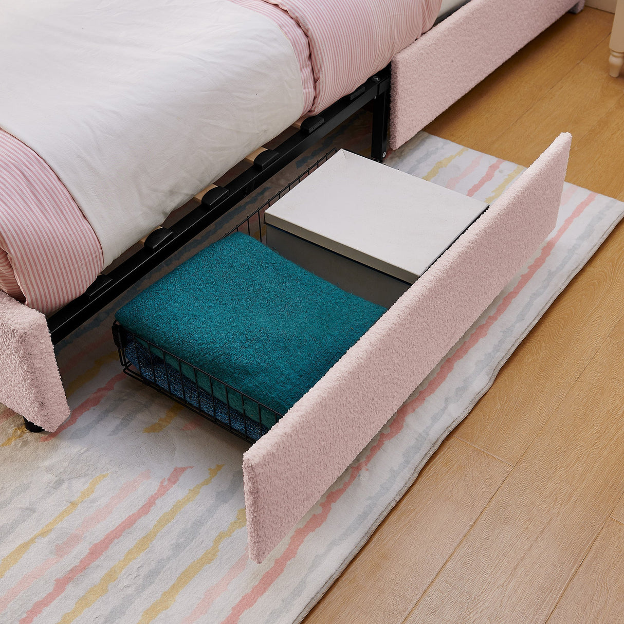 Queen Size Kids Upholstered Bed with Oversized Rabbit Ear Headboard, LED Light & 4 Storage Drawers, Boucle Fabric (84.5''X62.75''X41'')