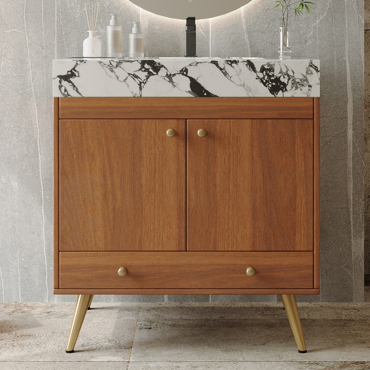 Mid-Century Free-Standing Bathroom Vanity with Faux Marble Top