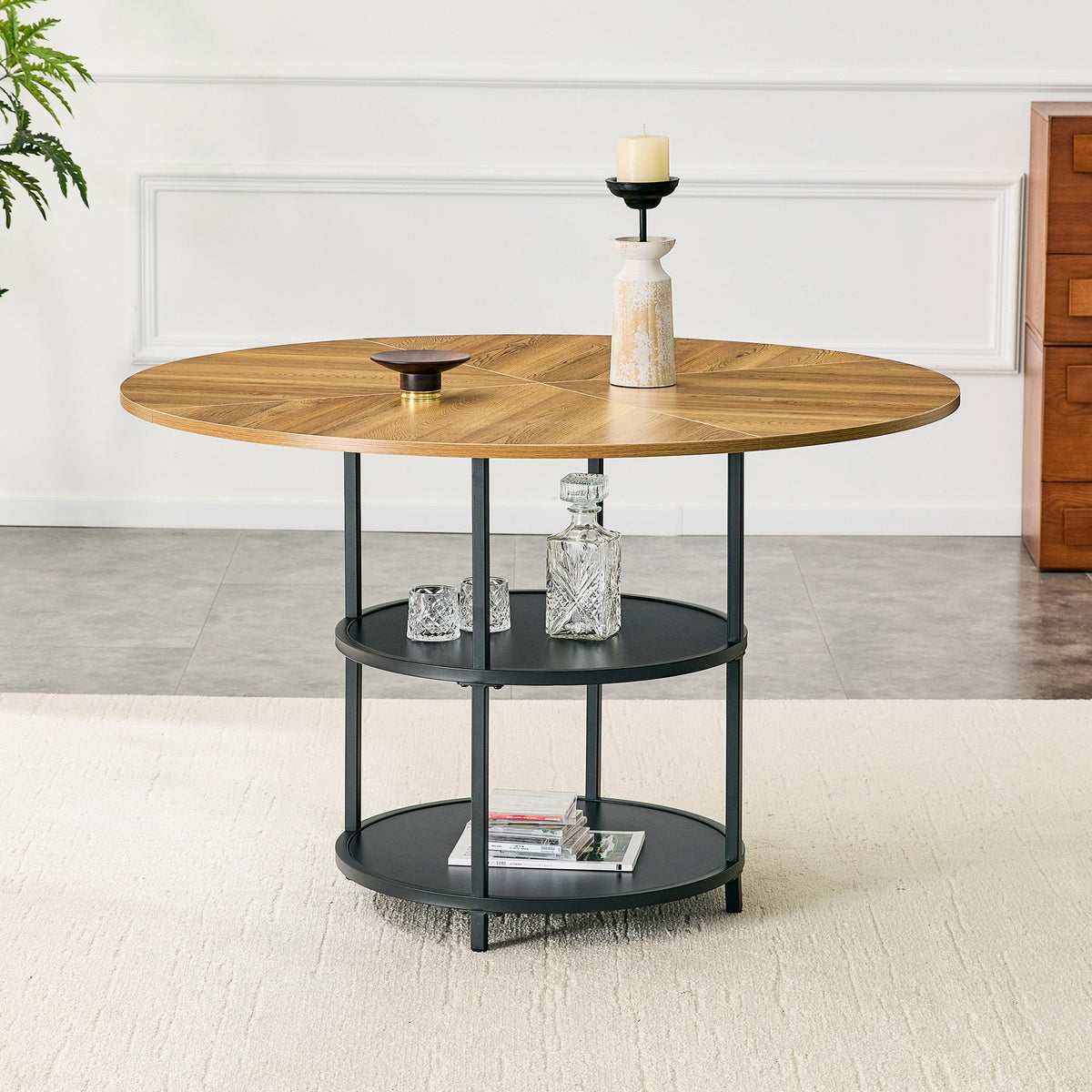 47.3-Inch Diameter Modern Circular Dining Table with Double-Layer Storage - Black, Wood