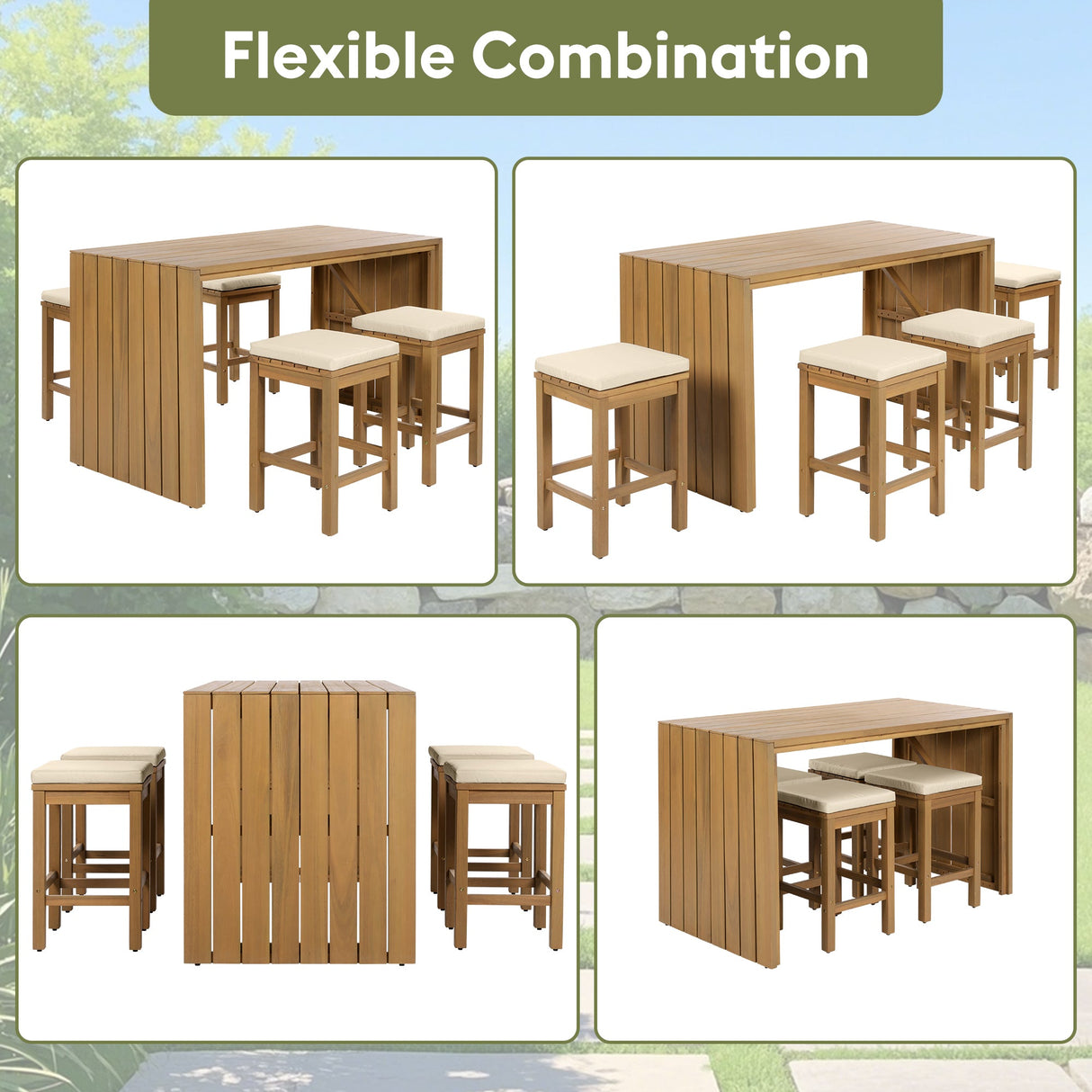 5 Piece Outdoor Bar Set with Acacia Wood Table and Cushioned Stools