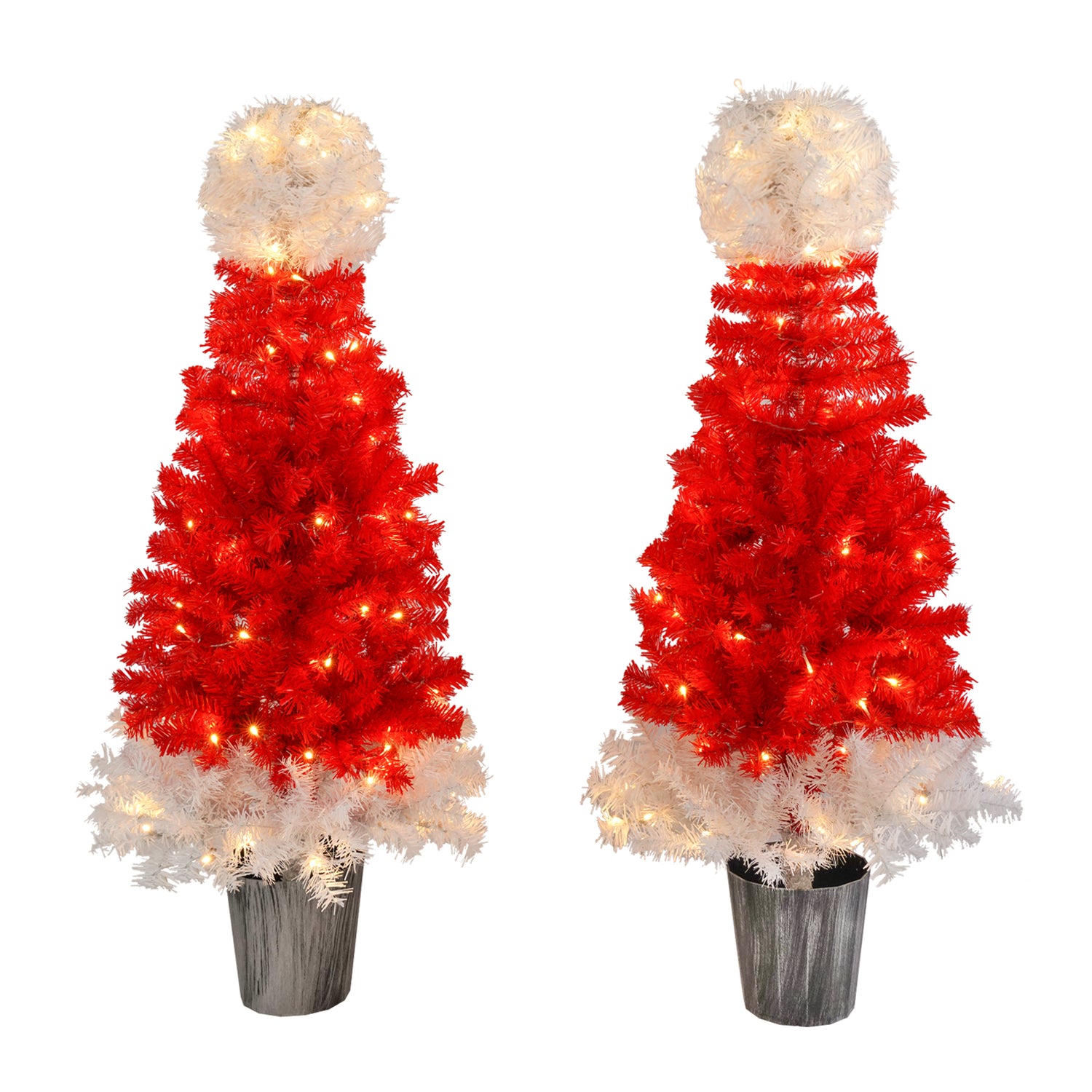 Lighted  Santa Hat Style Christmas Tree Set of 2, 4ft Artificial Tree with Warm White Lights