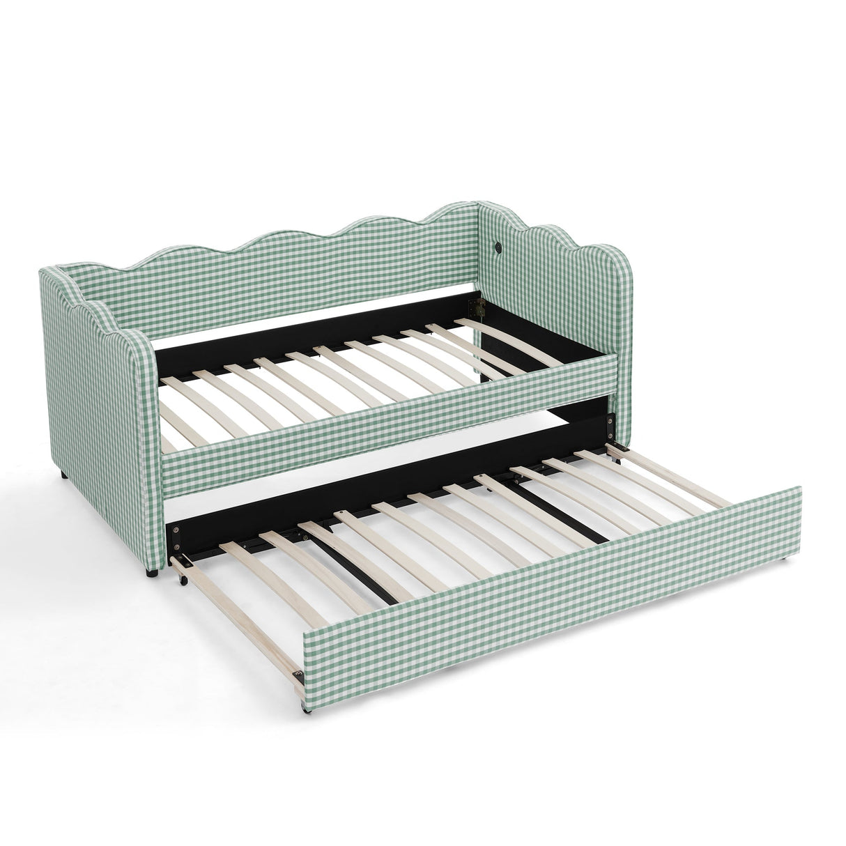 Cozy Gingham Daybed with Trundle Twin Size Sofa Bed No Box Spring Needed, with USB Port and Adorable Wave Shaped, Linen Fabric