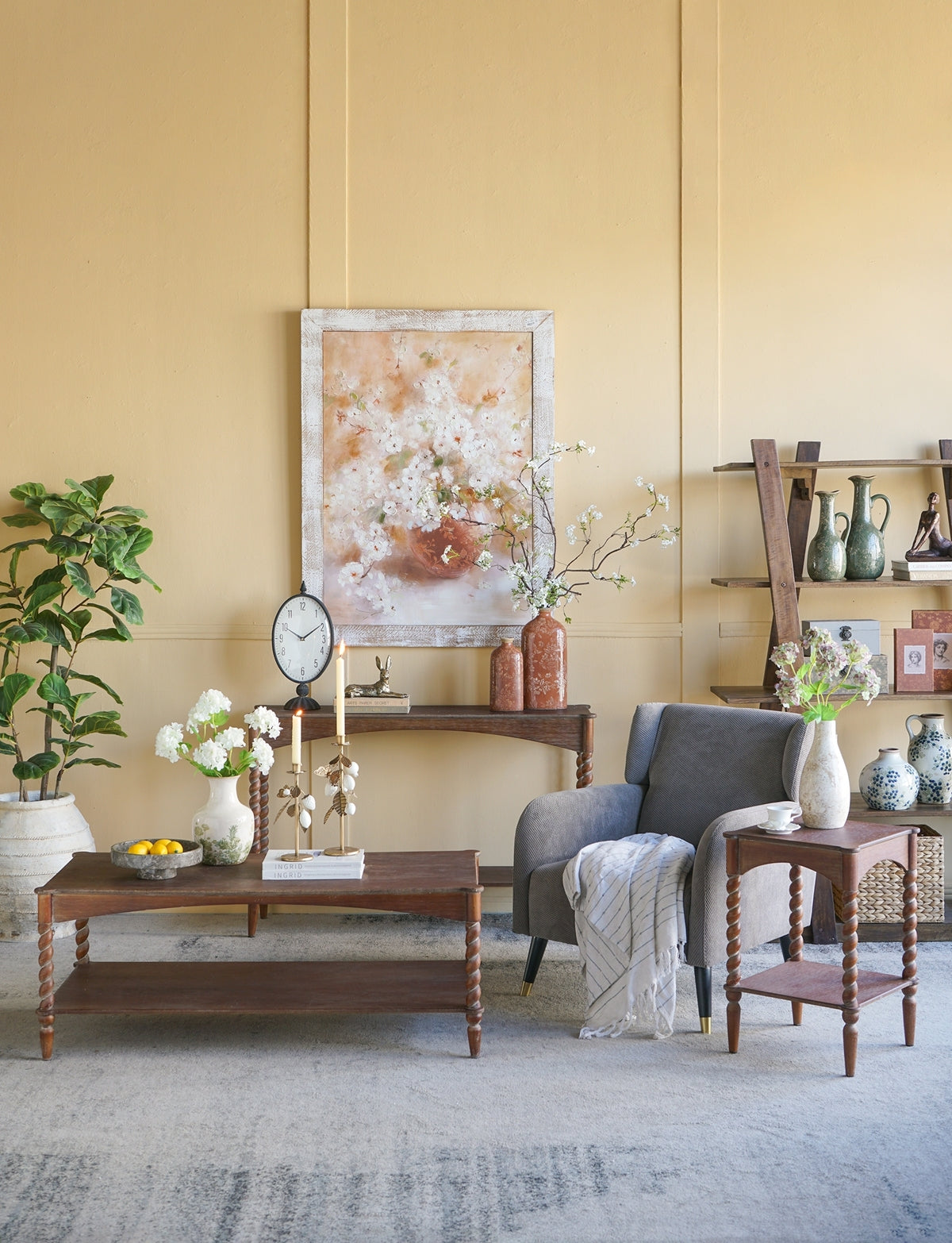 Rustic Brown Wood Coffee Table with Turned Spiral Legs and Lower Shelf