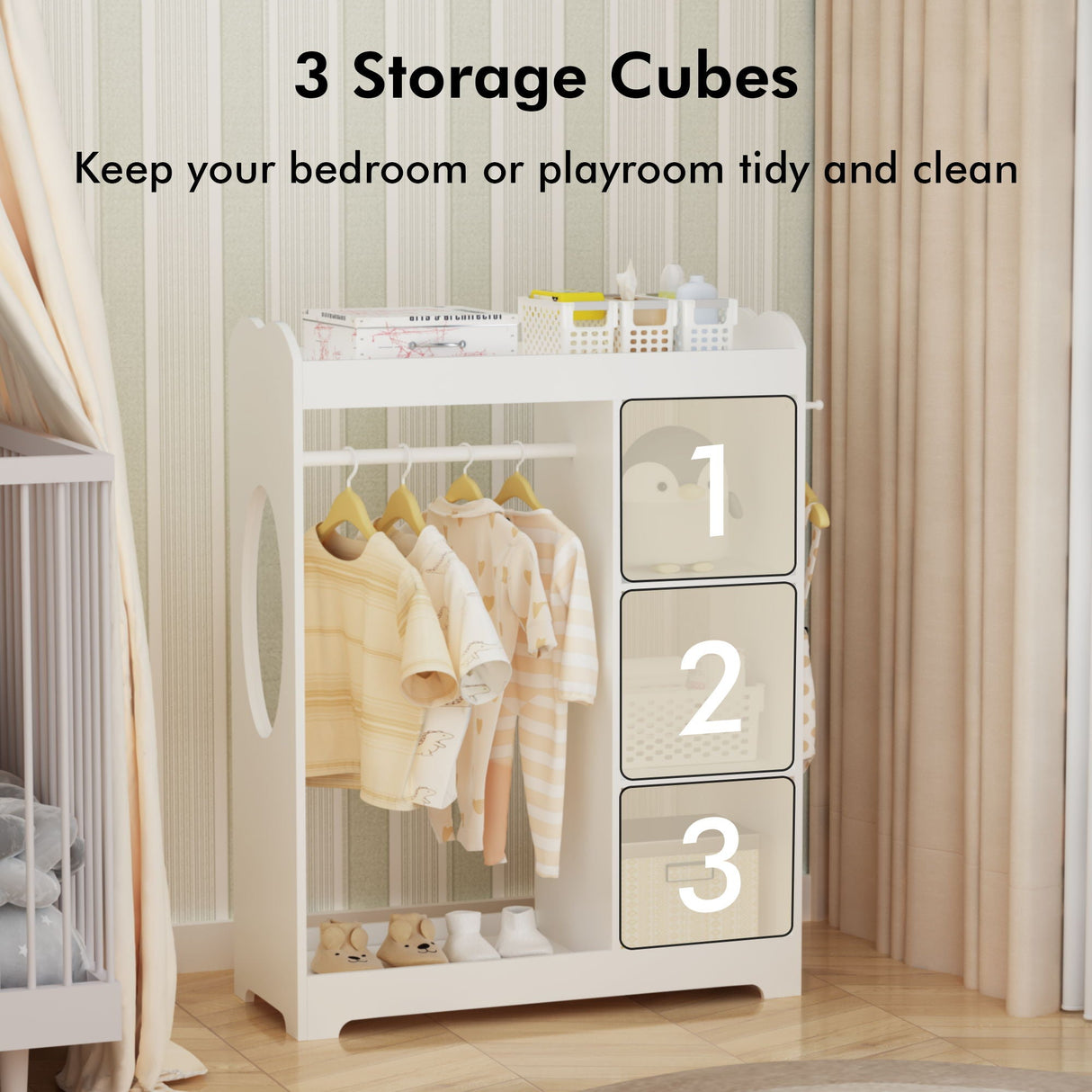 Dress Up Storage With Mirror And Hooks, Clothes Rack With Hanging Rod, 3 Side Hooks, Open Shelves, Top Shelf Organizer - White