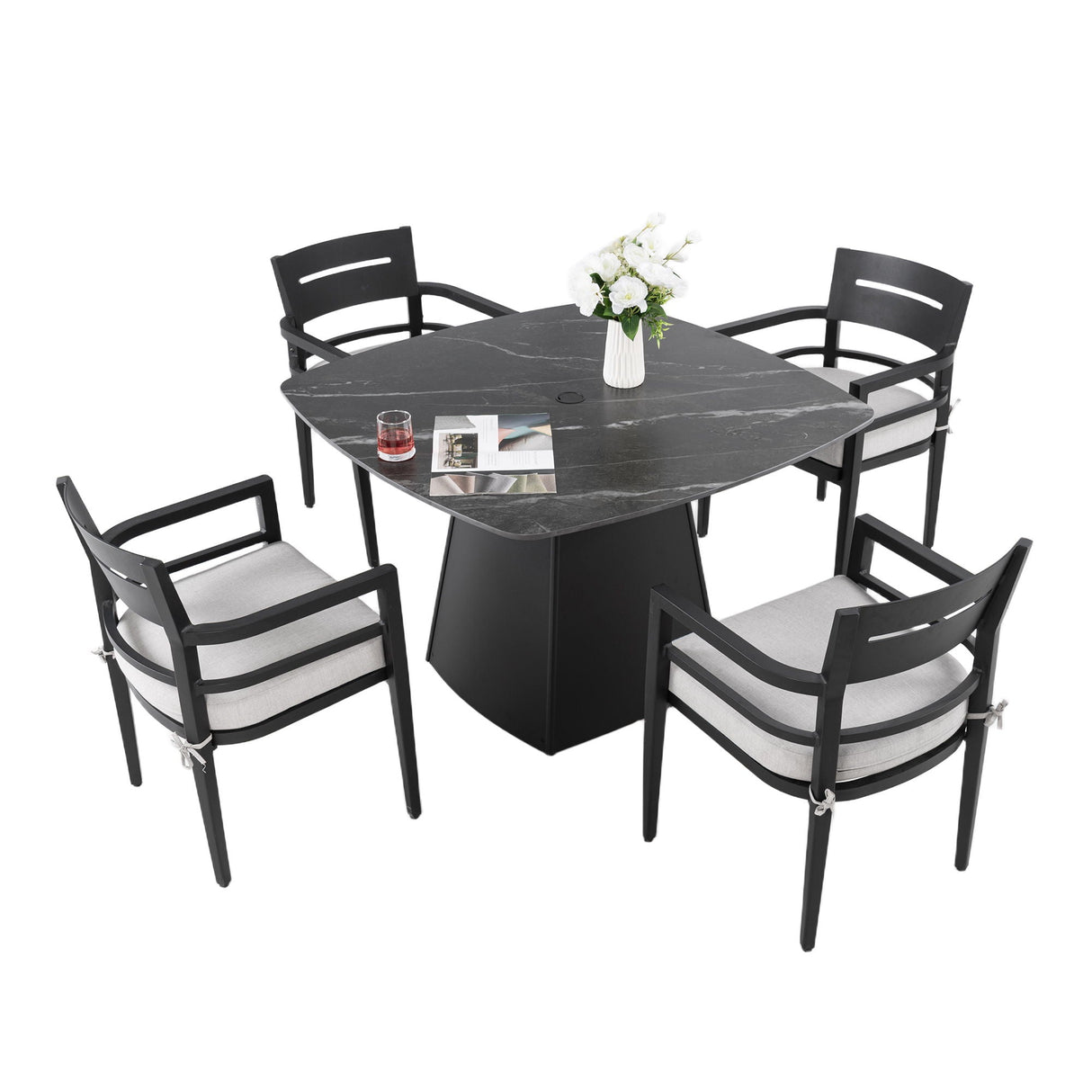 Outdoor Patio Dining Set, Squircle Dining Table, Dining Chairs With Sunbrella Cushions