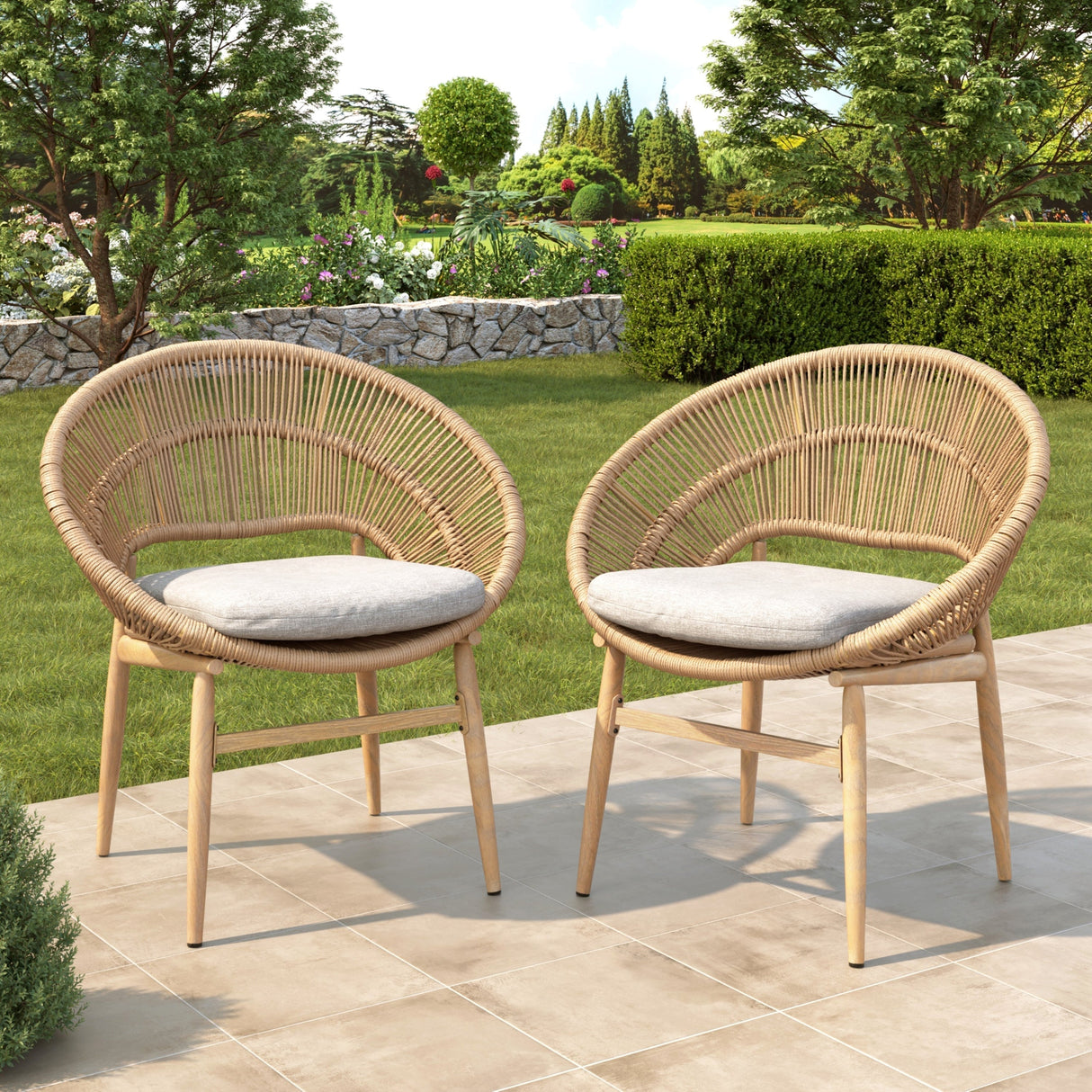 Cyril Outdoor Wicker Papasan Style Dining Chair with Teak Finished Legs - Set of 2