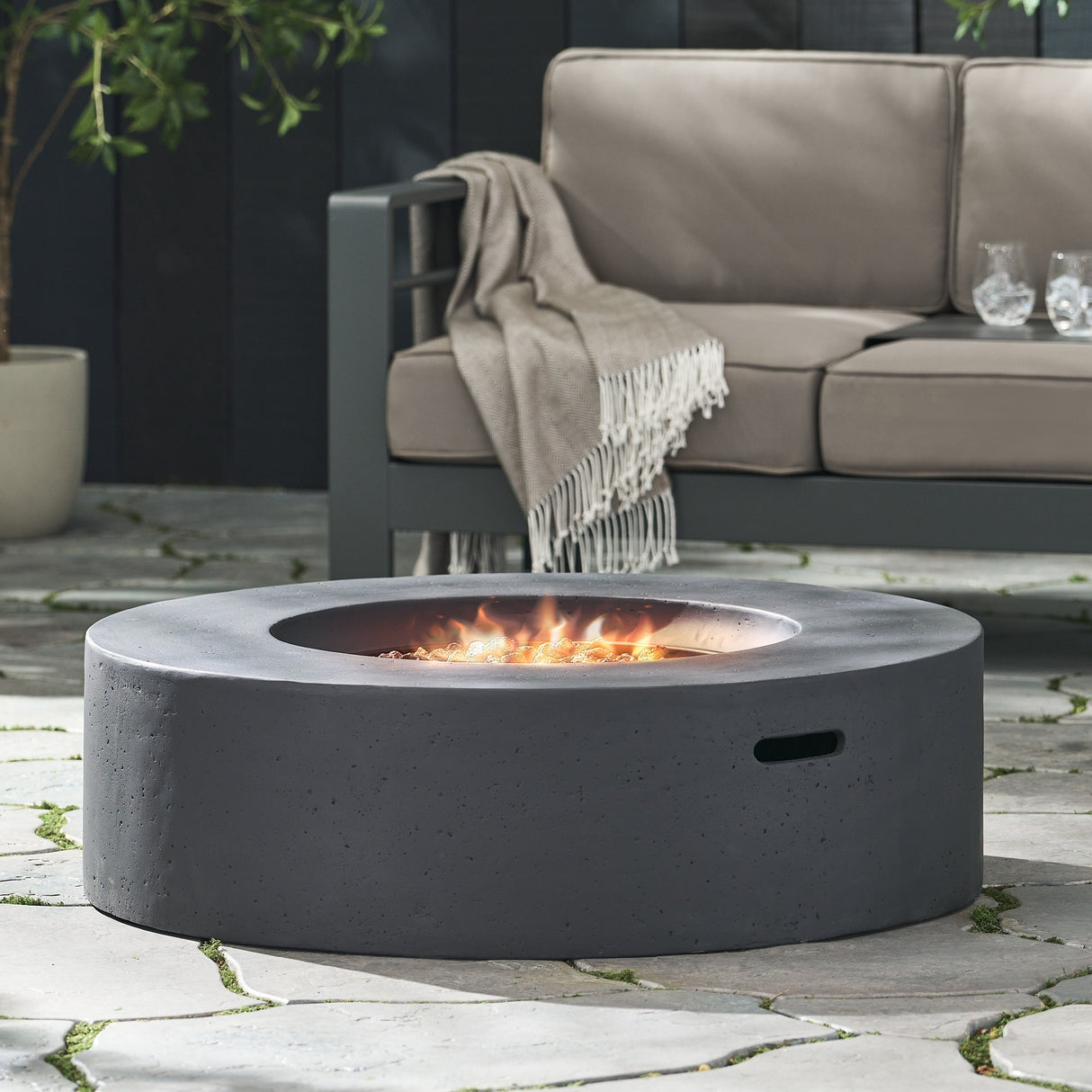 Modern Lightweight Concrete Outdoor Circular Fire Pit 50,000 BTU Dark Gray