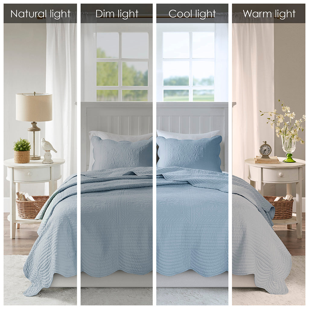 3 Piece Reversible Scalloped Edge Quilt Set Blue King/Cal King