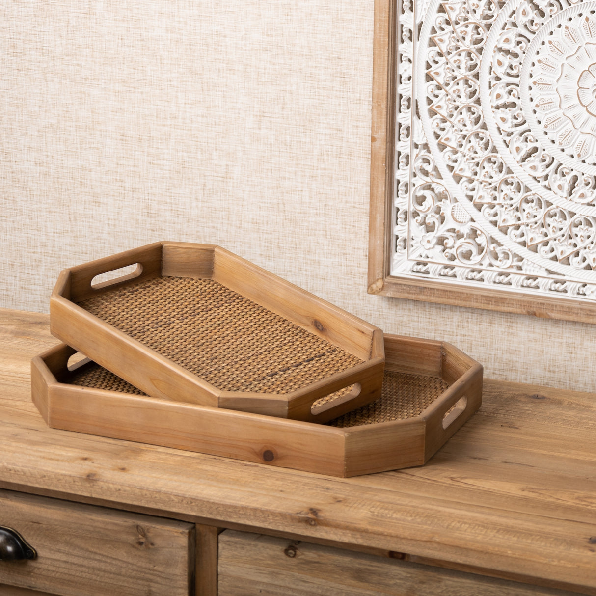 Wooden Tray with Rattan Accent (Set of 2)