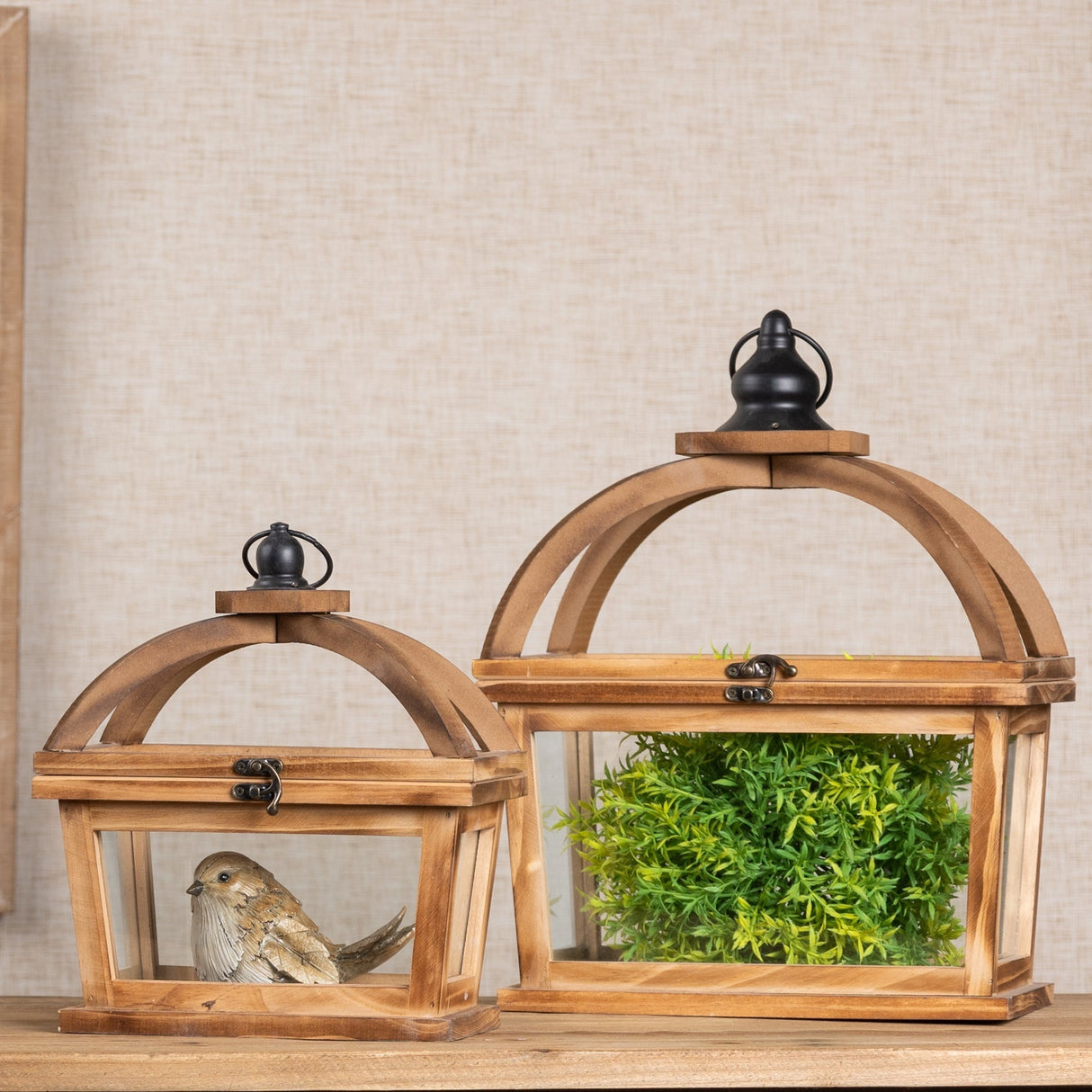 Tapered wood lantern w open lid (set of 2)